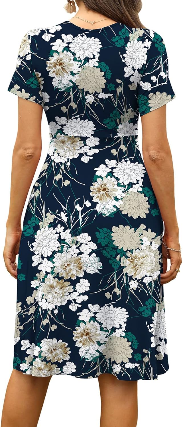 WEACZZY Women's Summer Short Sleeve Casual Dresses V-Neck Floral Party Dress with Pockets