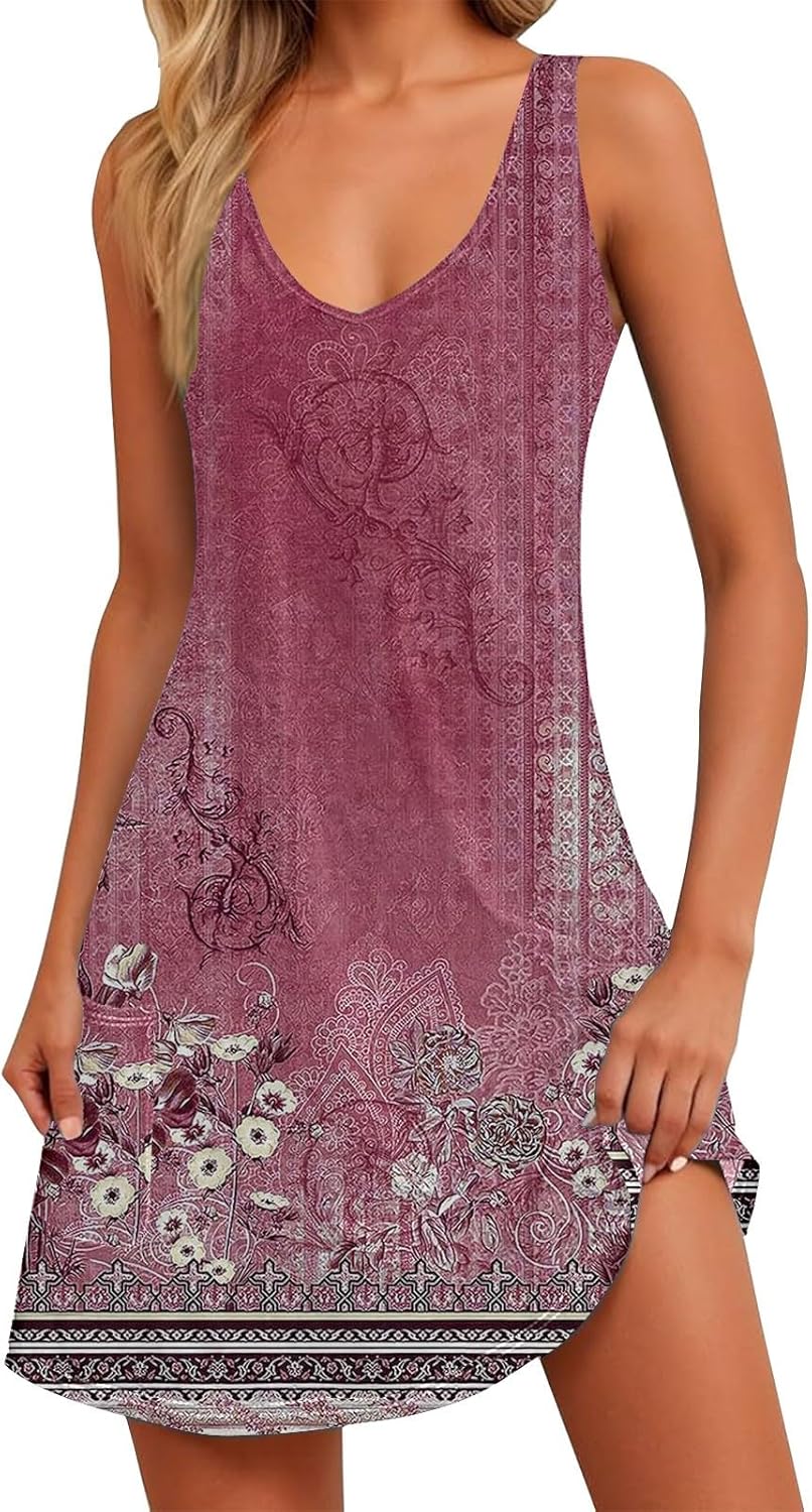 Women's Summer Dresses 2025 Beach Casual Sleeveless Floral Print Boho Tank Dress V Neck Ruffle Dresses