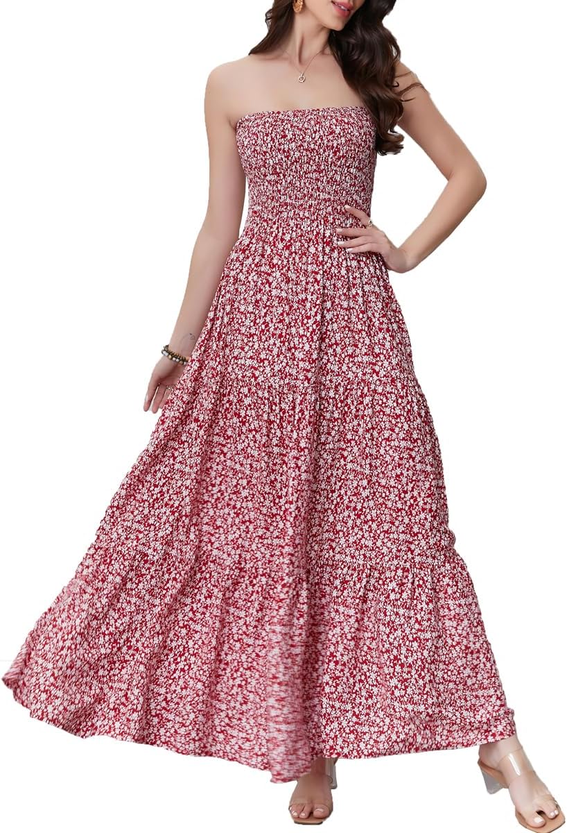 Women's Summer Strapless Tube Top Maxi Dresses Off Shoulder Boho Beach Long Dress