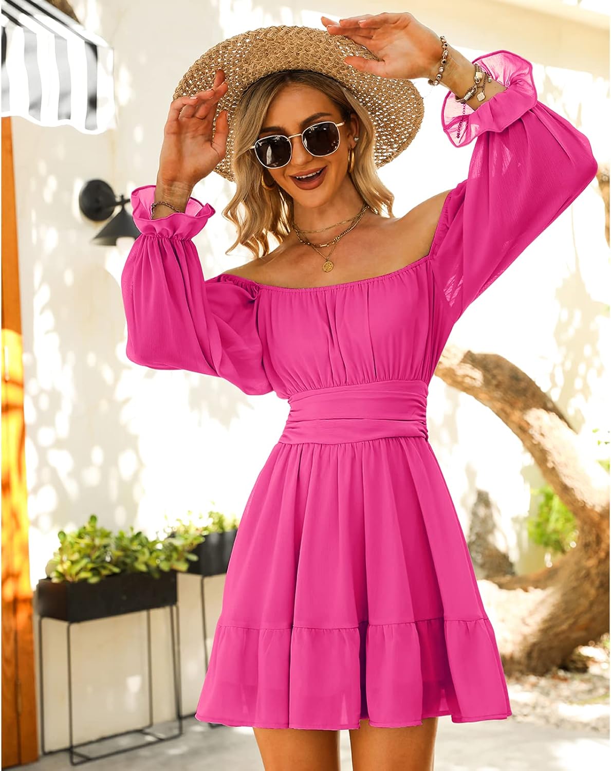 EXLURA Women's 2025 Casual Long Lantern Sleeve Dresses Square Neck Ruffle Tie Back Elastic Waist Aline Short Mini Dress