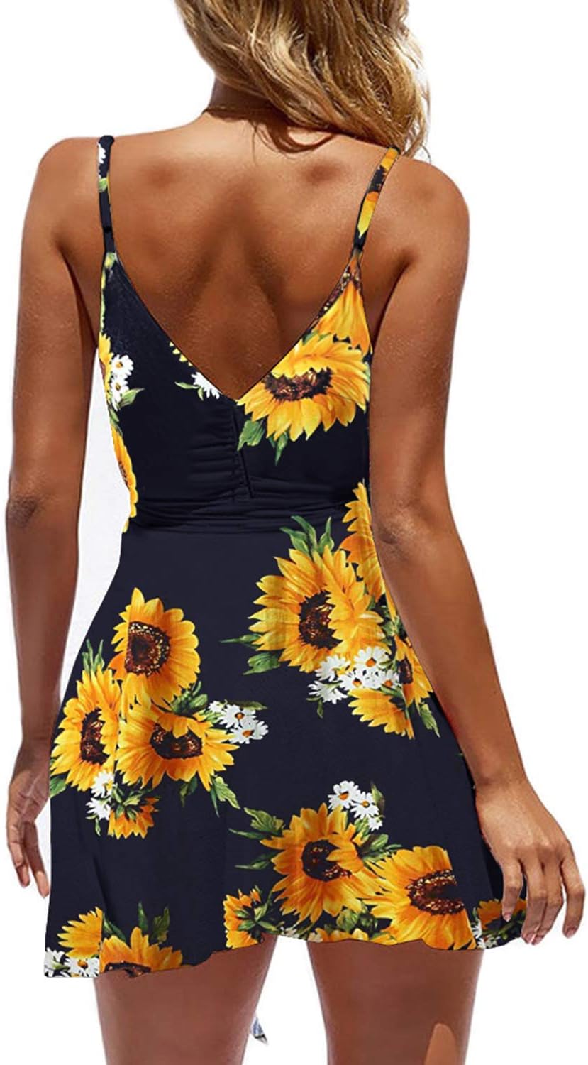 ECOWISH Summer Dresses for Women 2025 V-Neck Spaghetti Strap Bowknot Backless Sleeveless Lace Mini Swing Skater Dress