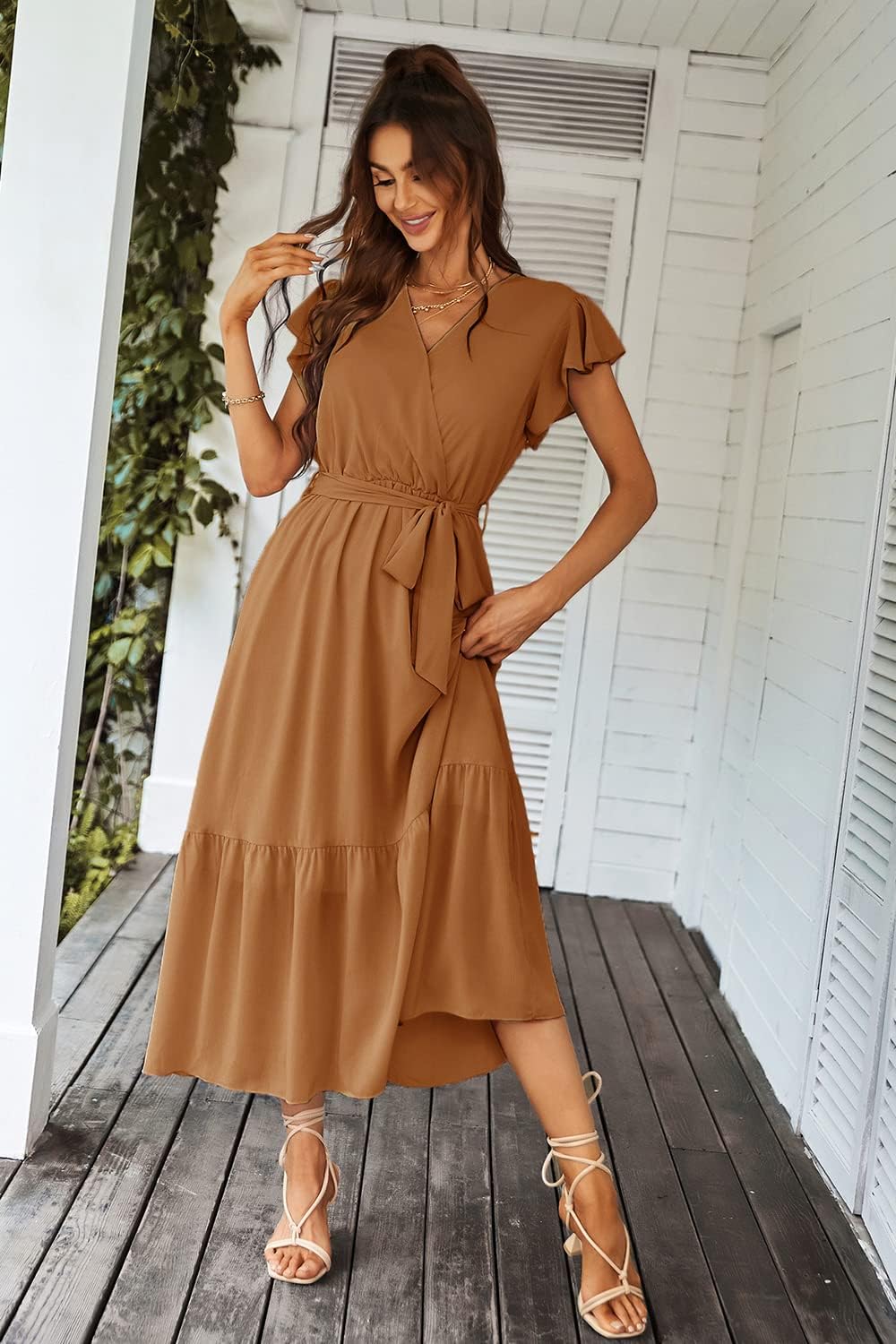 PRETTYGARDEN Women's Summer Floral Boho Dress Wrap V Neck Short Sleeve Ruffle A-Line Flowy Maxi Wedding Guest Dresses