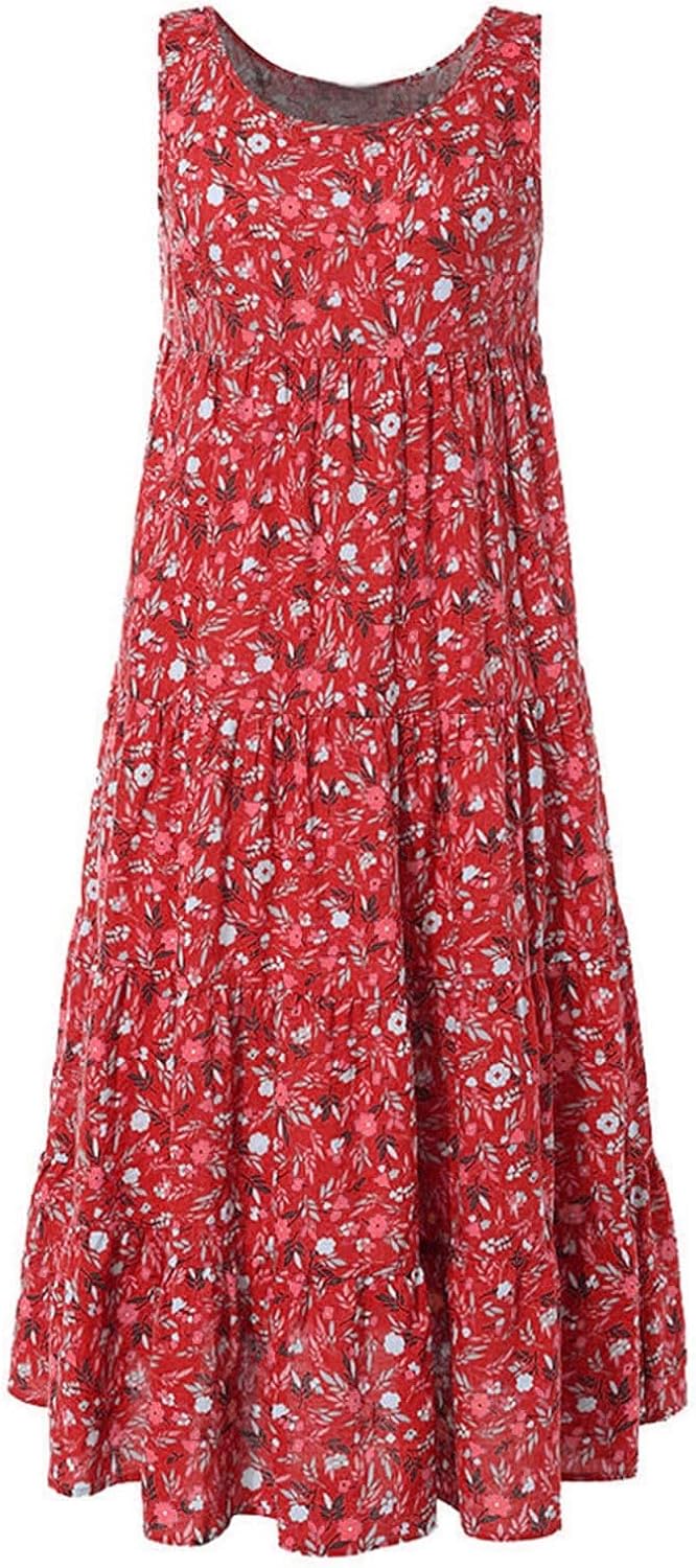 Ceboyel Women Boho Floral Maxi Dresses Flowy Tank Dress Sleeveless Smocked Sundresses Trendy Casual Beach Long Sun Dress