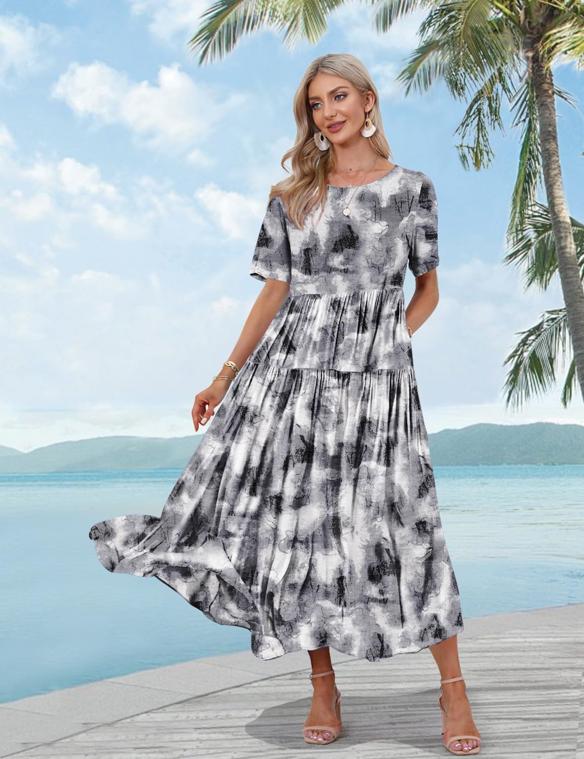 YESNO Women Casual Loose Bohemian Floral Dress with Pockets Short Sleeve Long Maxi Summer Beach Swing Dress EJF
