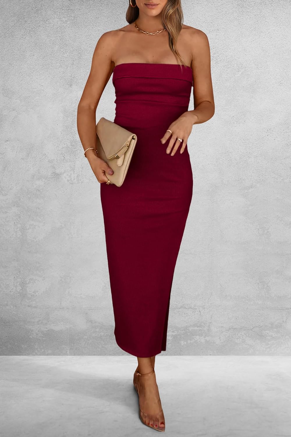 PRETTYGARDEN Women's Summer Bodycon Maxi Tube Dress Ribbed Strapless Side Slit Long Going Out Casual Elegant Party Dresses