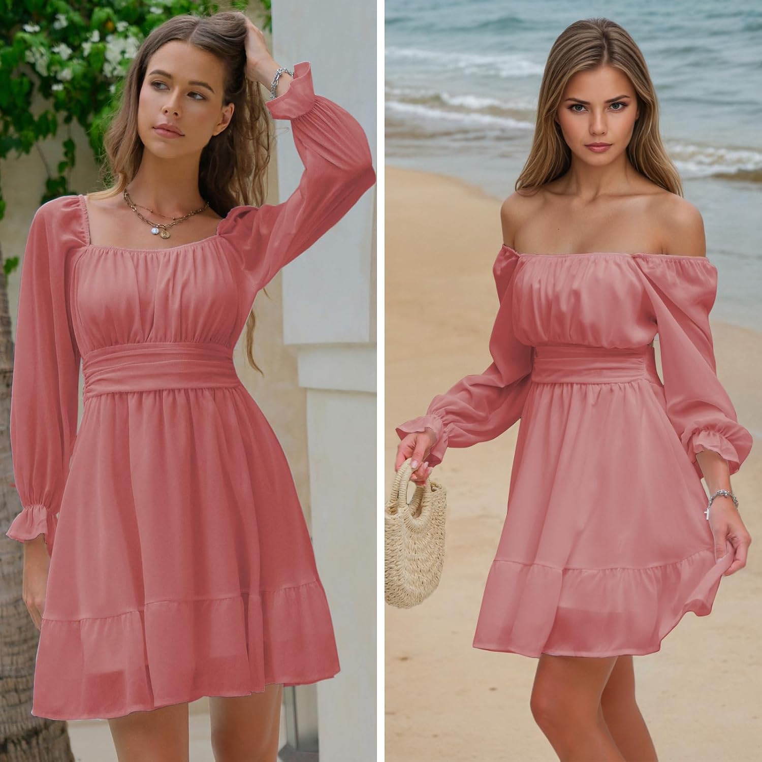 EXLURA Women's 2025 Casual Long Lantern Sleeve Dresses Square Neck Ruffle Tie Back Elastic Waist Aline Short Mini Dress