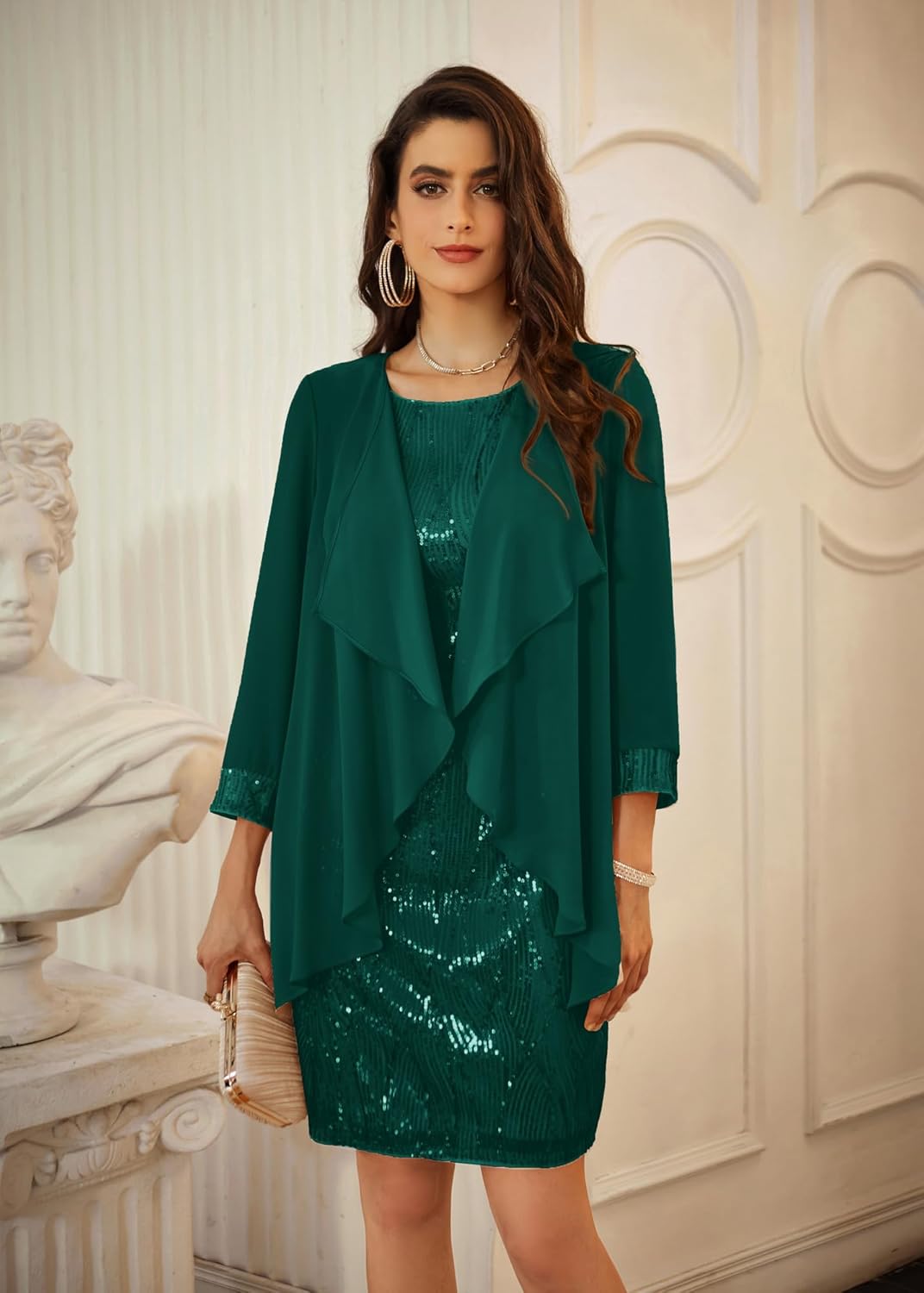 GRACE KARIN Sequin Dress for Women Knee Length Mother of the Bride Dresses Formal Dress Two Piece Dress with Chiffon Jacket