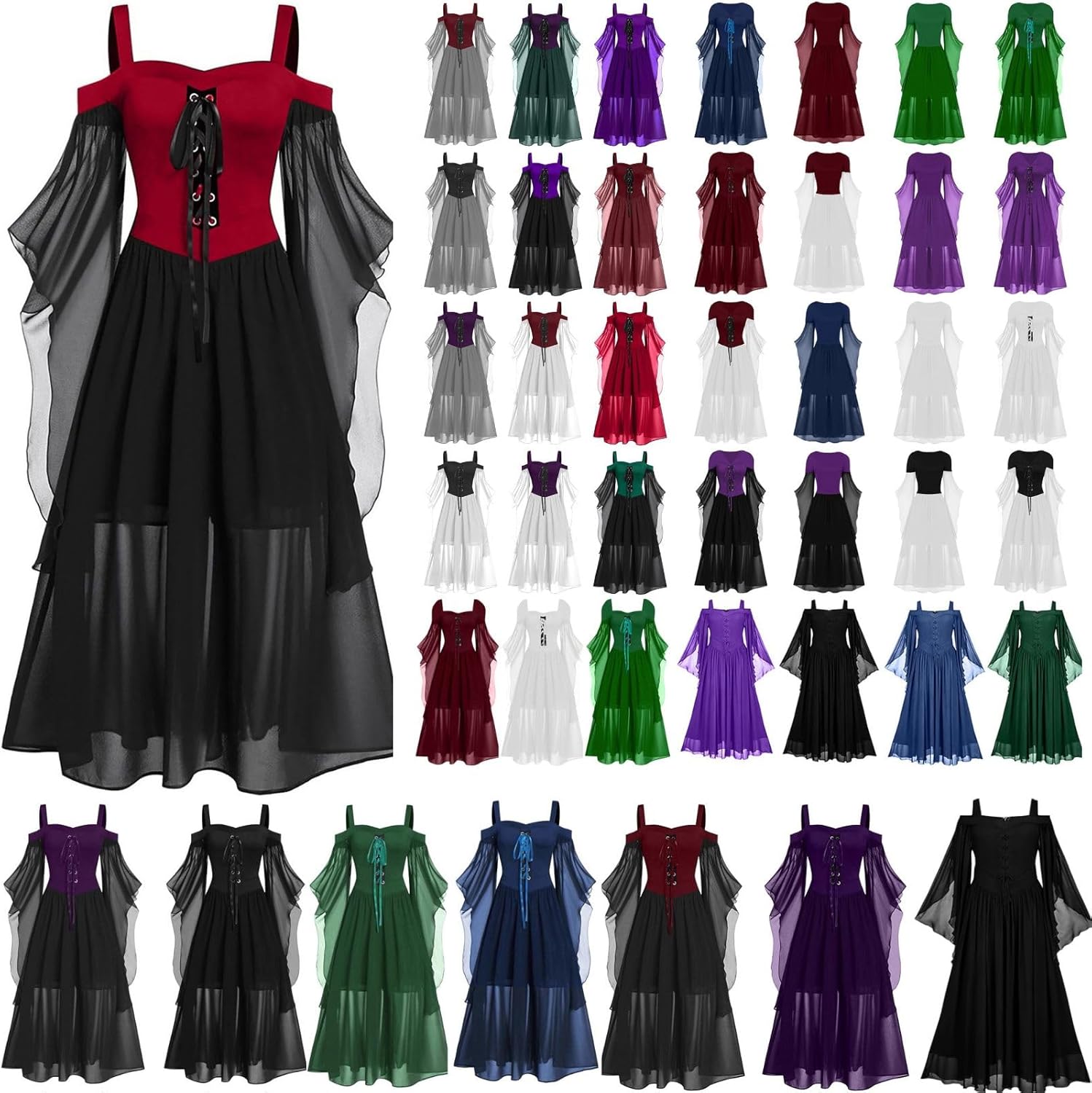 Women Casual Cold Shoulder Dress Solid Color Lace Butterfly Sleeve Halloween Retro Cocktail Party Gothic Prom Dress