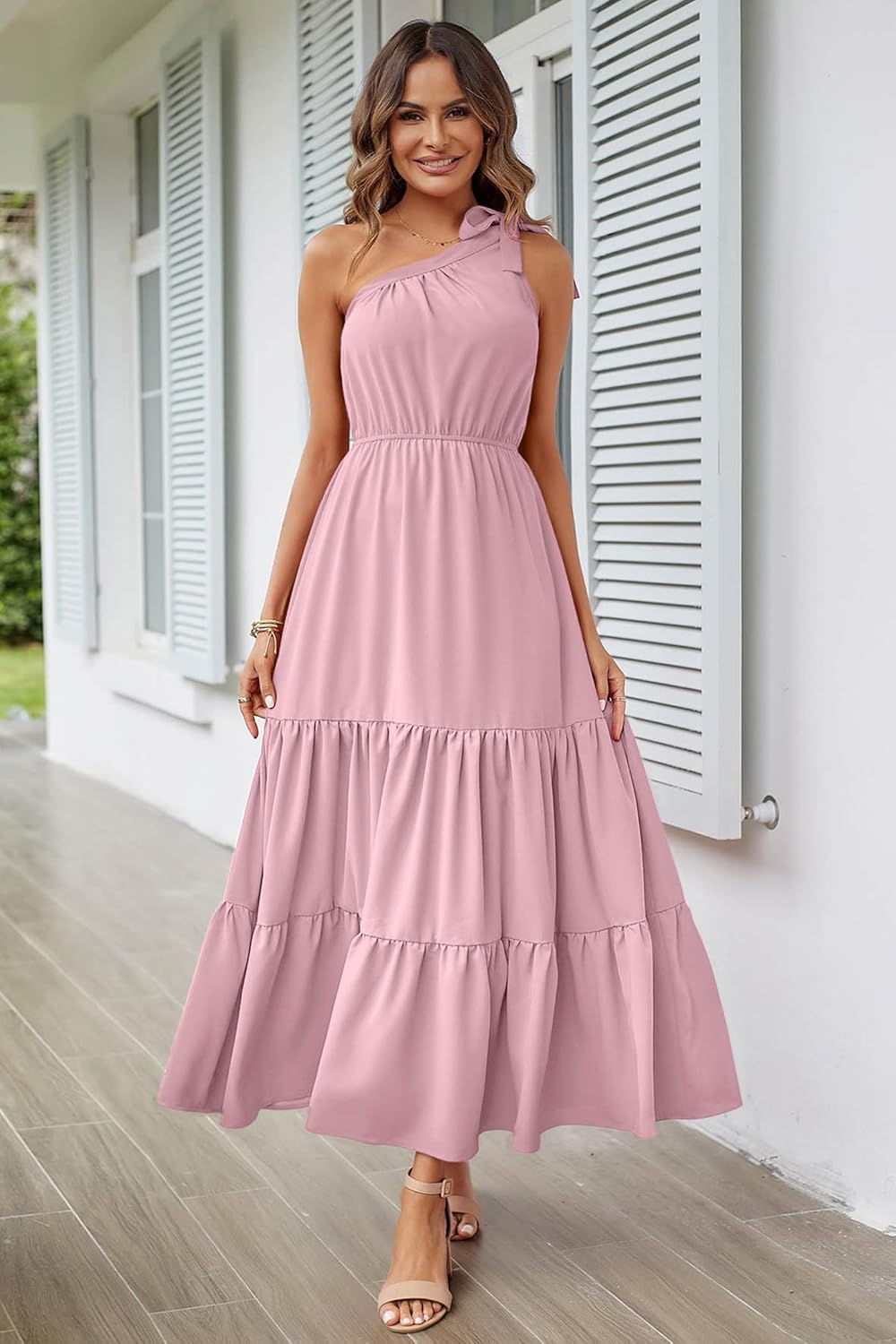 PRETTYGARDEN Women's Summer Floral Maxi Dress Knot One Shoulder Sleeveless Ruffle Flowy Boho Beach Wedding Guest Dresses
