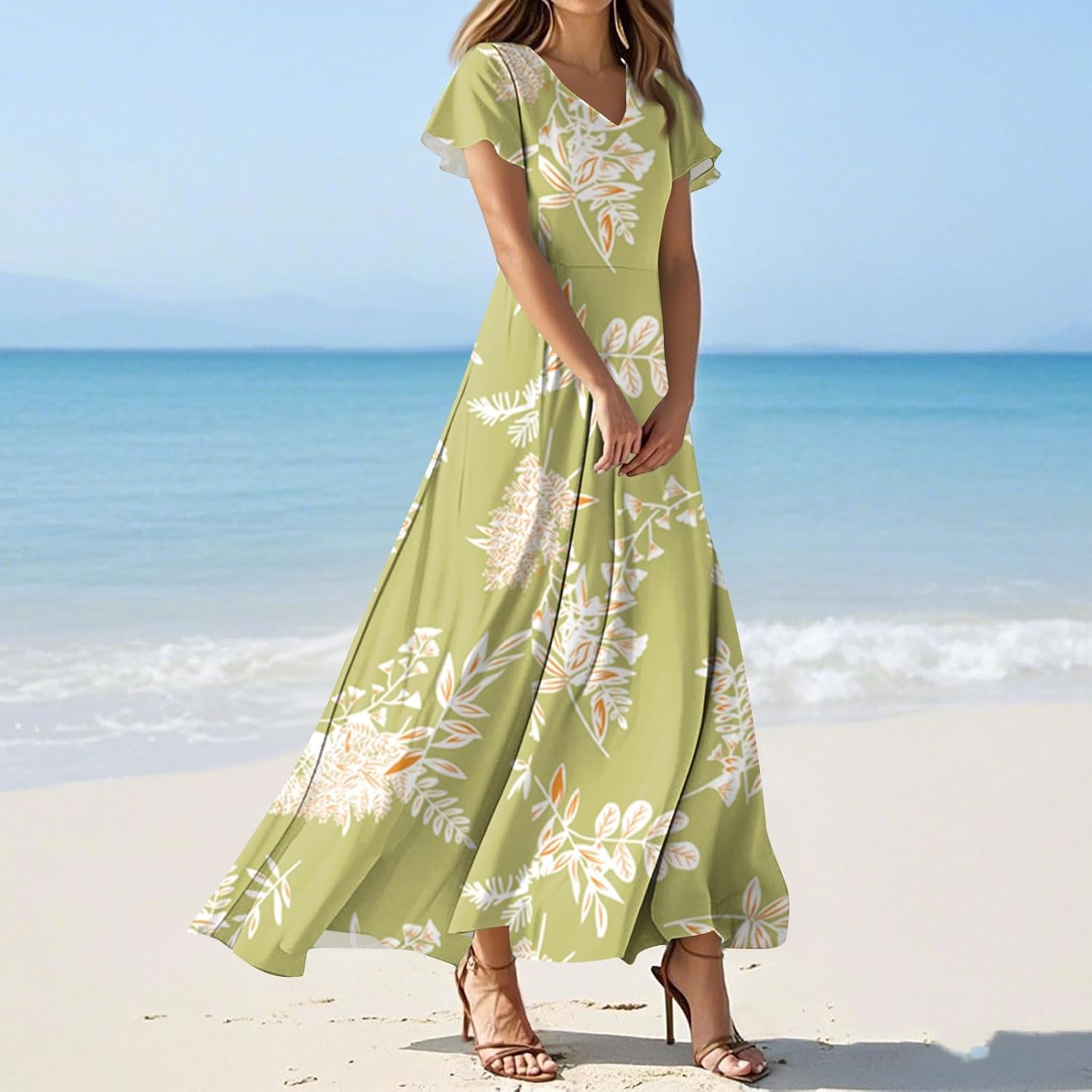 Womens Fashion V Neck Ruffle Short Sleeve Maxi Dress 2025 Summer Elegant Solid Color Flowy A Line Dresses