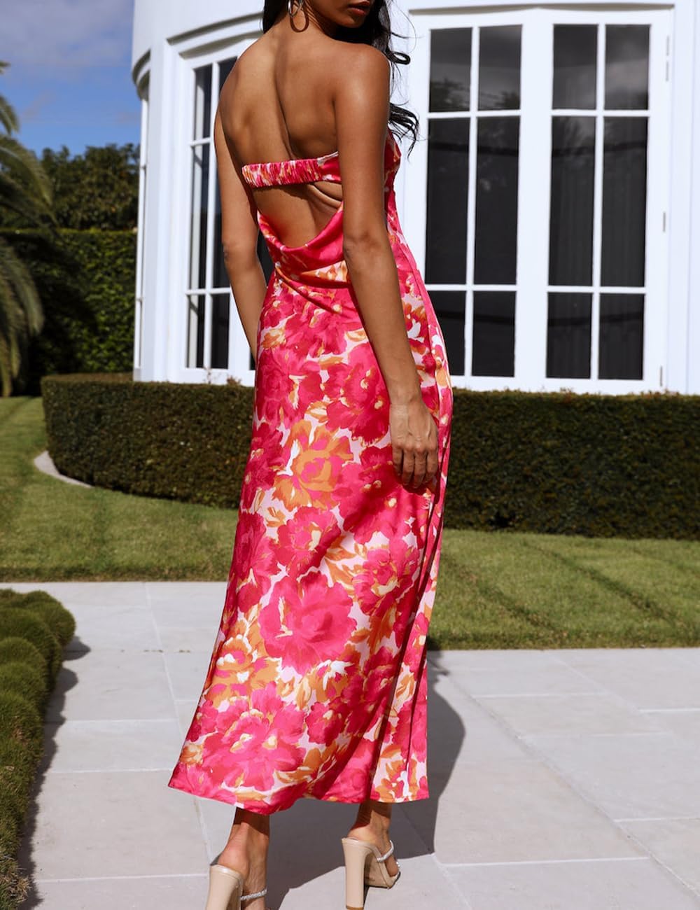 Realtix Satin Silk Backless Tube Tops Maxi Dress for Women Low Back Hollow Out Elegant Strapless Long Dresses Wedding Guest