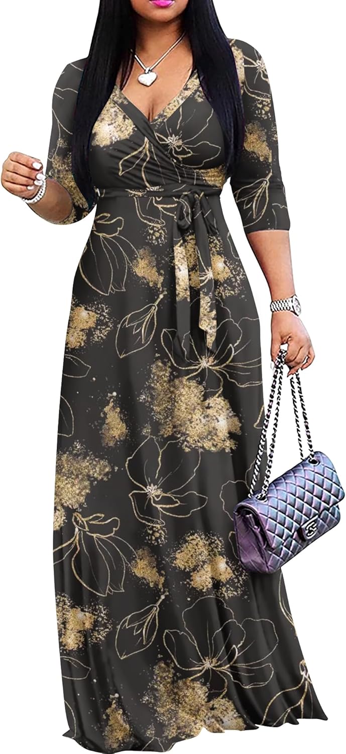 FANDEE Plus Size Maxi Dress for Women Casual Summer Sundress V-Neck 3/4 Sleeve