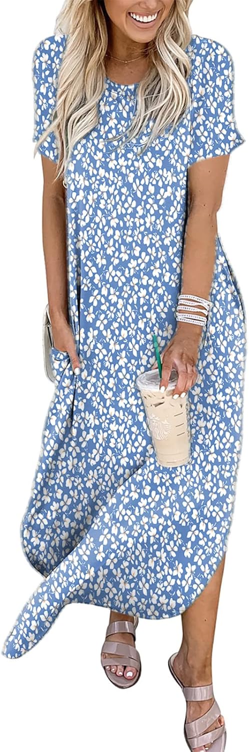 ANRABESS Women's Summer Casual Loose Short Sleeve Long T Shirt Dress Split Maxi Beach Sundress Travel Vacation Outfits