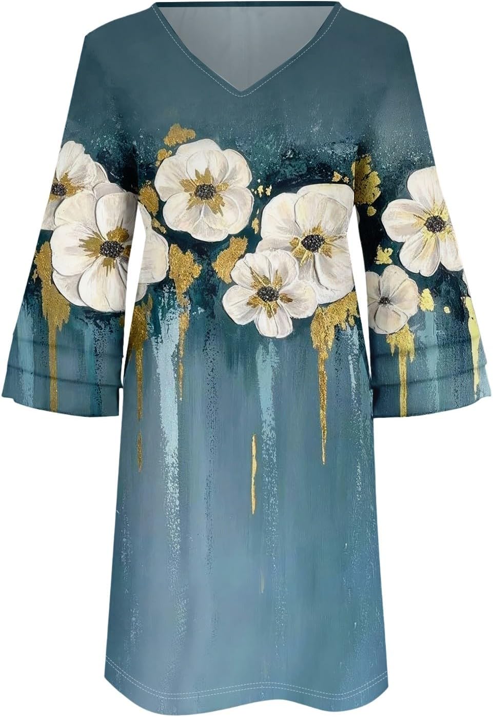 Beach Dresses for Women,2025 Summer Trendy Floral Print Boho Dress,Casual Loose V Neck Bell 3/4 Sleeve Mini Dress