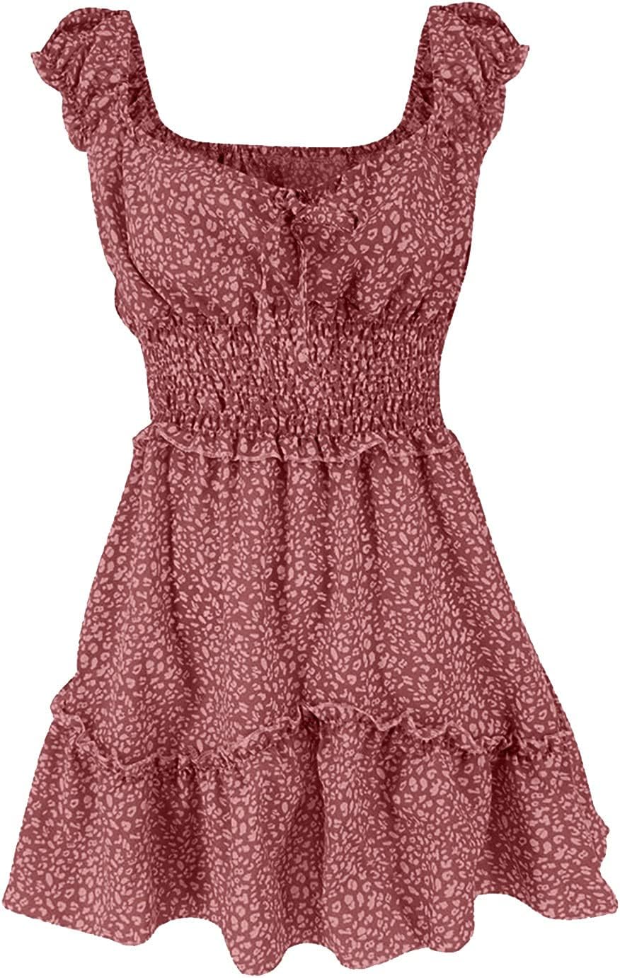 iQKA Women Short Mini Dress Summer Bohemian Floral Print Short Sleeve Square Neck Sexy Babydoll Dresses S-3XL