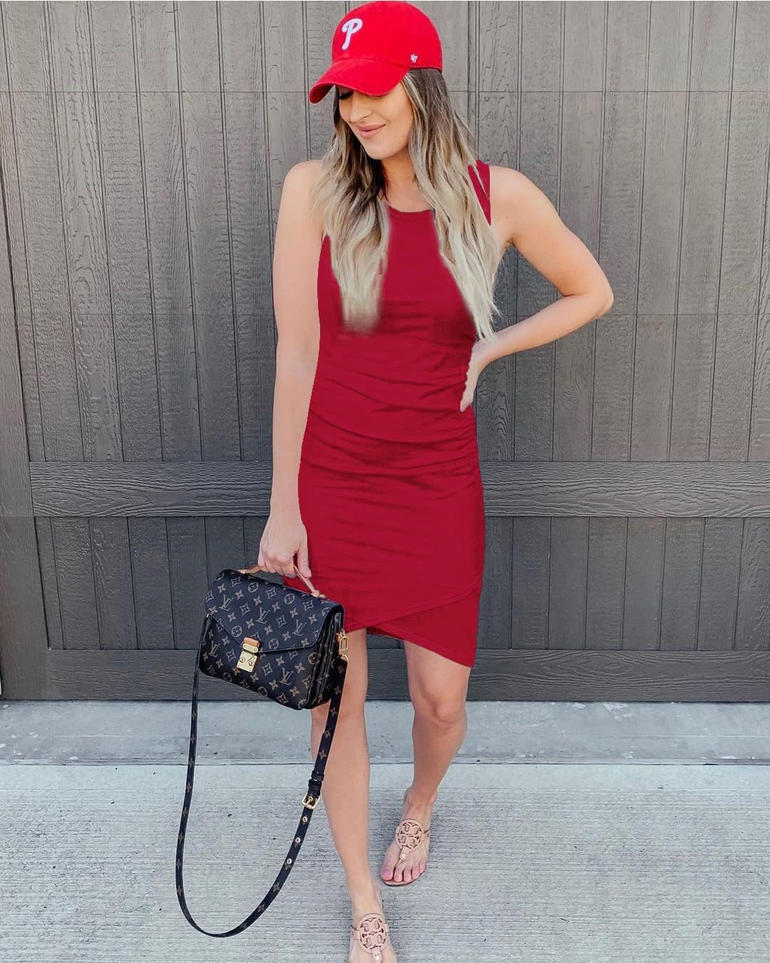 BTFBM Women 2025 Summer Sleeveless Tank Dresses Crew Neck Slim Fit Short Casual Ruched Bodycon Party Club Mini Dress
