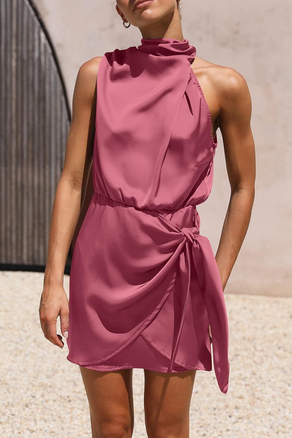 PRETTYGARDEN Women's Short Formal Satin Dress Summer Sleeveless Mock Neck Tie Waist Cocktail Party Dresses