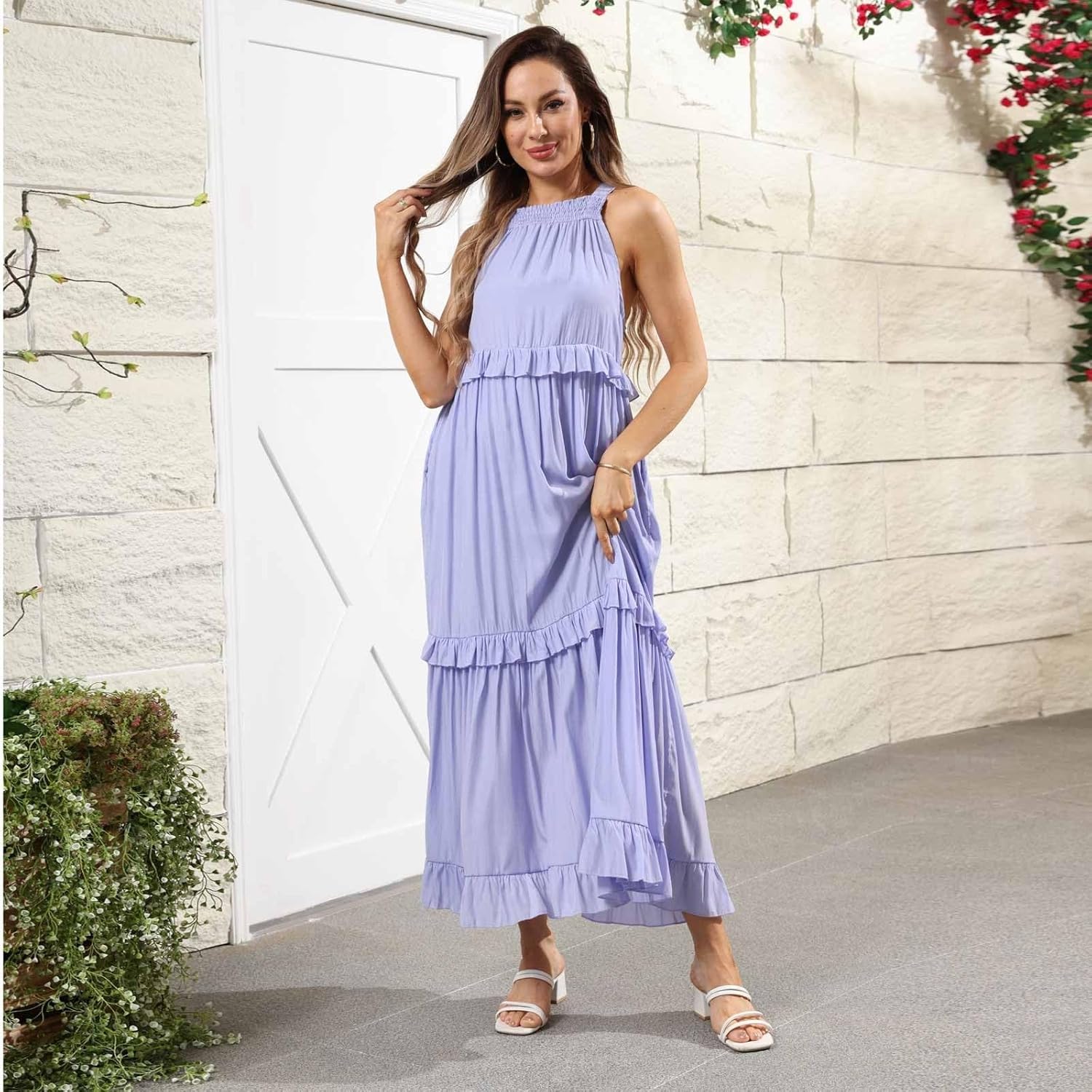 Boho Dresses for Women,2025 Summer Flowy Ruffle Tiered Swing Smocked Beach Sundress,Sleeveless Halter Maxi Dress