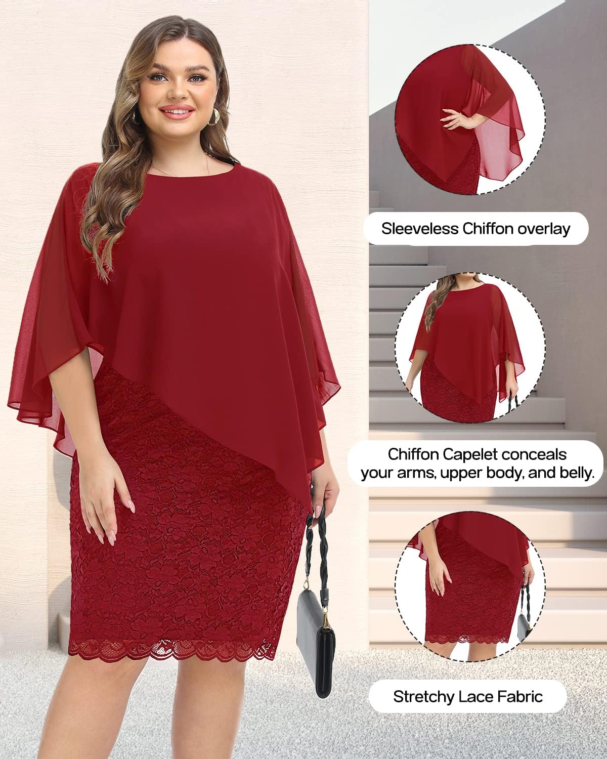 Plus Size Dresses Wedding Guest - Mother Bride Semi Formal Lace Cape with Chiffon Overlay Dresses