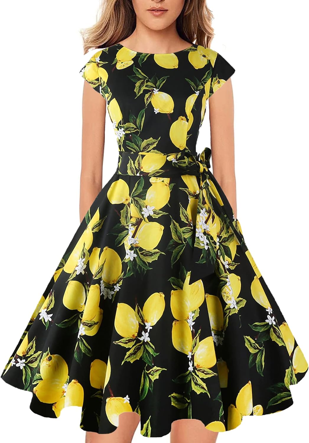 PUKAVT Women's 1950 Boatneck Cap Sleeve Vintage Swing Cocktail Party Dress with Pockets