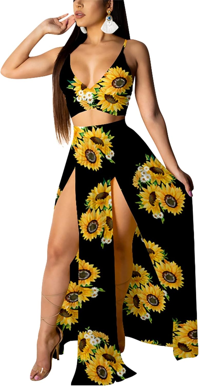 Women Sexy 2 Piece Outfits Dress Chiffon Strap Deep V Neck Bra Crop Top High Split Maxi Dresses Skirt Set