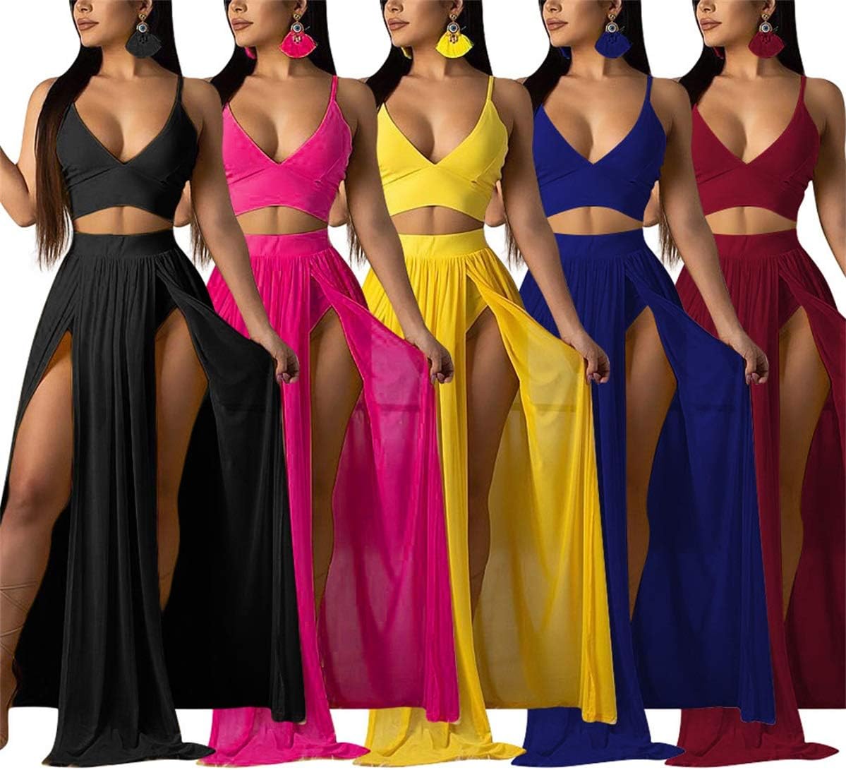 Women Sexy 2 Piece Outfits Dress Chiffon Strap Deep V Neck Bra Crop Top High Split Maxi Dresses Skirt Set