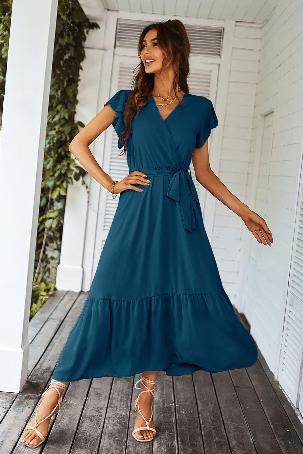 PRETTYGARDEN Women's Summer Floral Boho Dress Wrap V Neck Short Sleeve Ruffle A-Line Flowy Maxi Wedding Guest Dresses