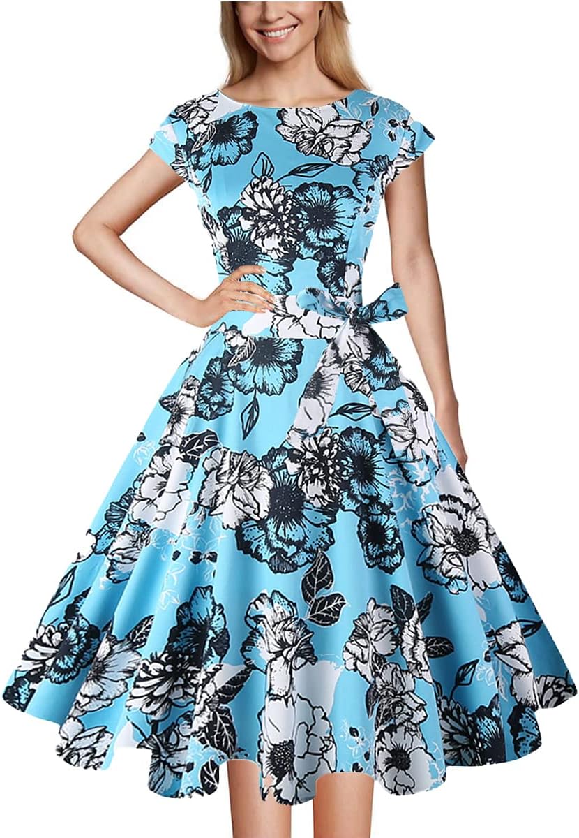 PUKAVT Women's 1950 Boatneck Cap Sleeve Vintage Swing Cocktail Party Dress with Pockets