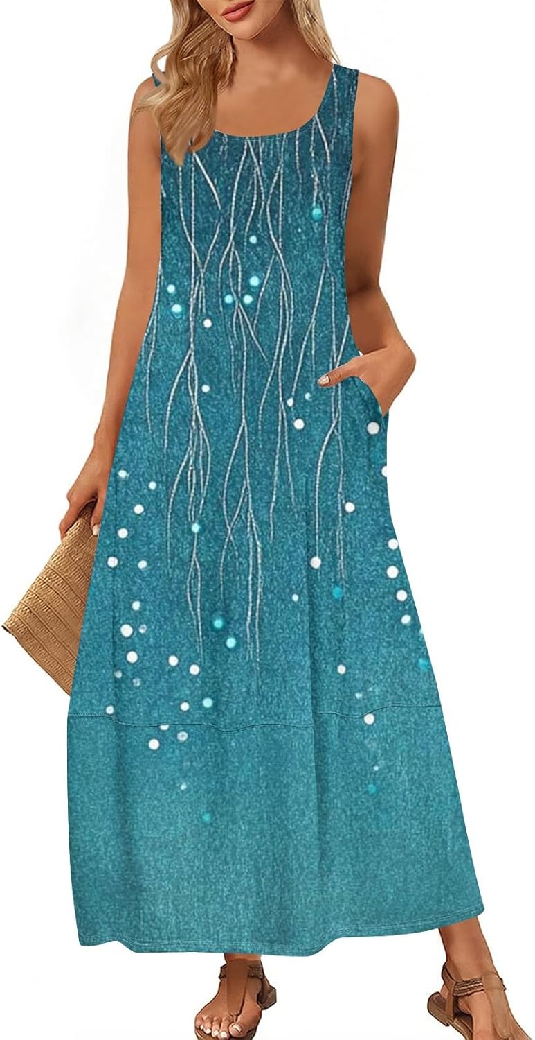 Womens Summer Tank Dress Vacation Boho Floral Long Dresses with Pockets Resort Wear Swing Beach Sleeveless Sundress