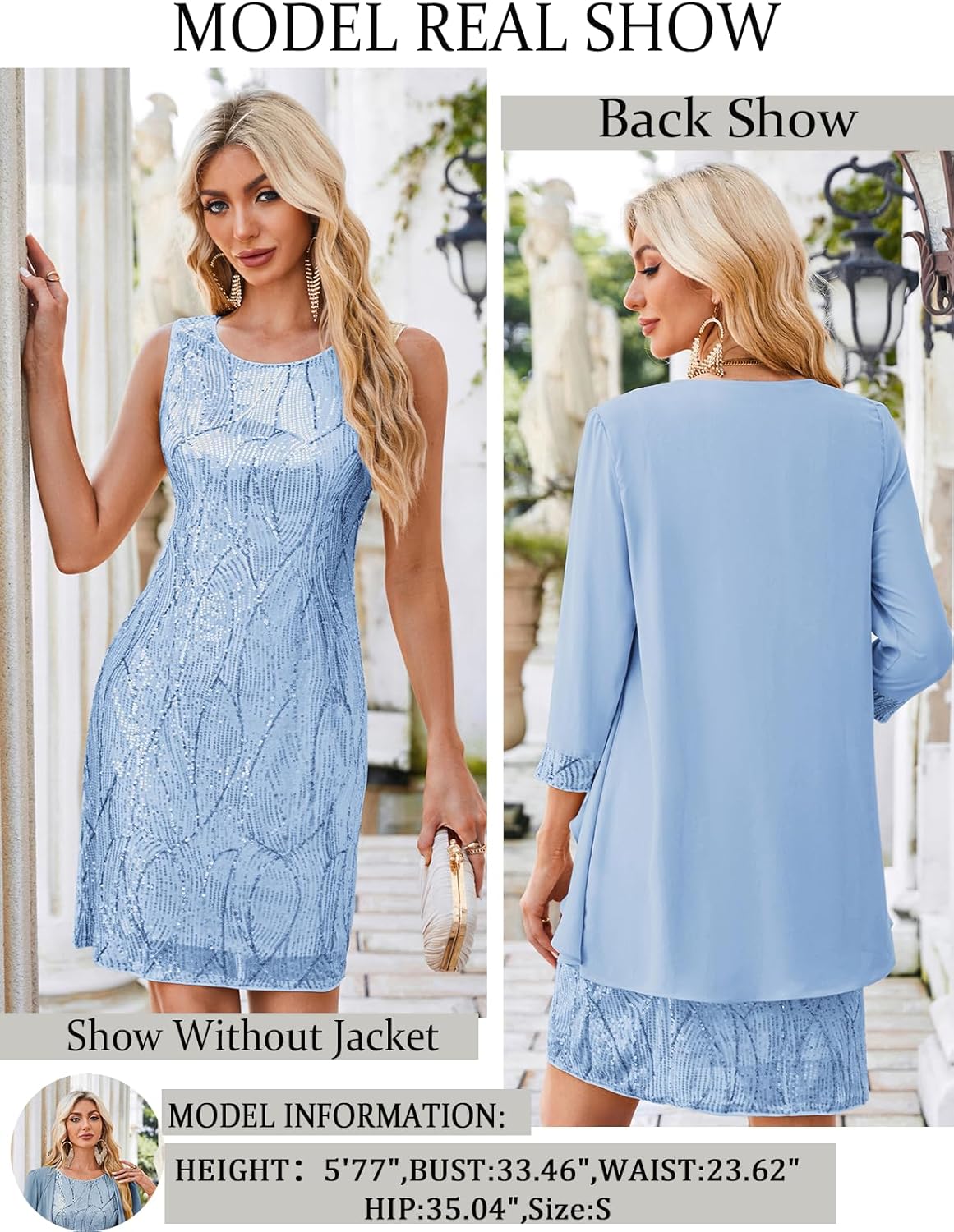 GRACE KARIN Sequin Dress for Women Knee Length Mother of the Bride Dresses Formal Dress Two Piece Dress with Chiffon Jacket