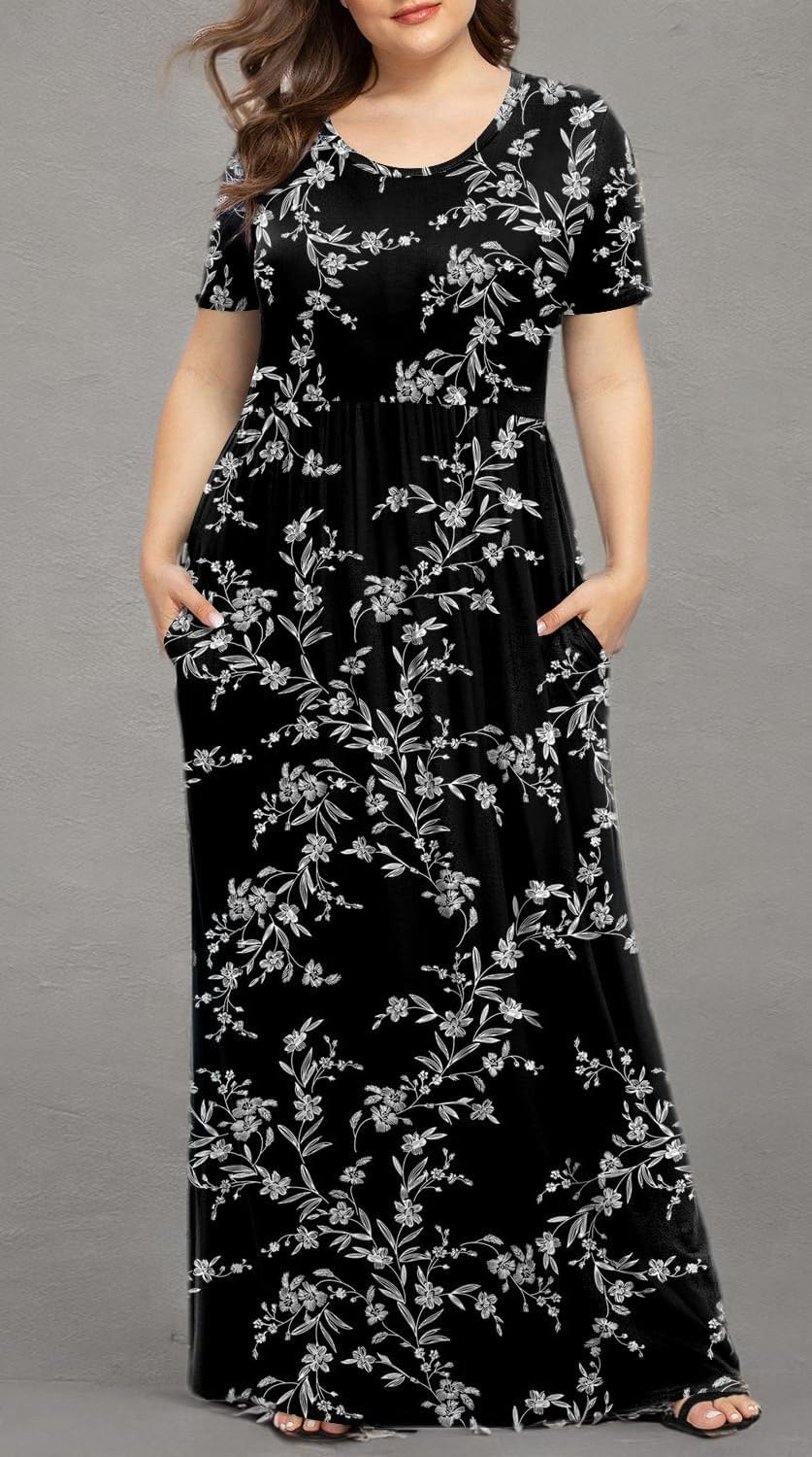 LONGYUAN Women's Plus Size Maxi Dresses for Curvy Women Summer Short Sleeve Casual 2025 Long Dress XL-6XL