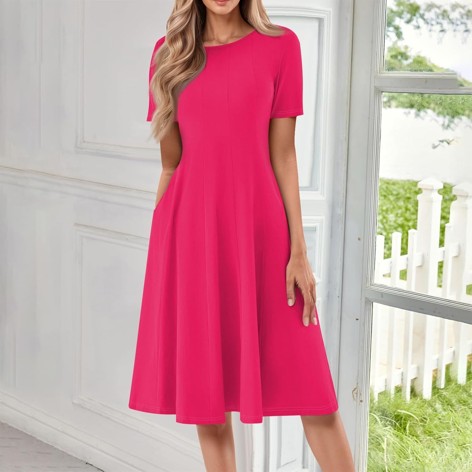 Summer Dresses for Women 2025 Crew Neck Short Sleeve Boho Beach Vacation Floral/Solid Midi Sundresses with Pockets