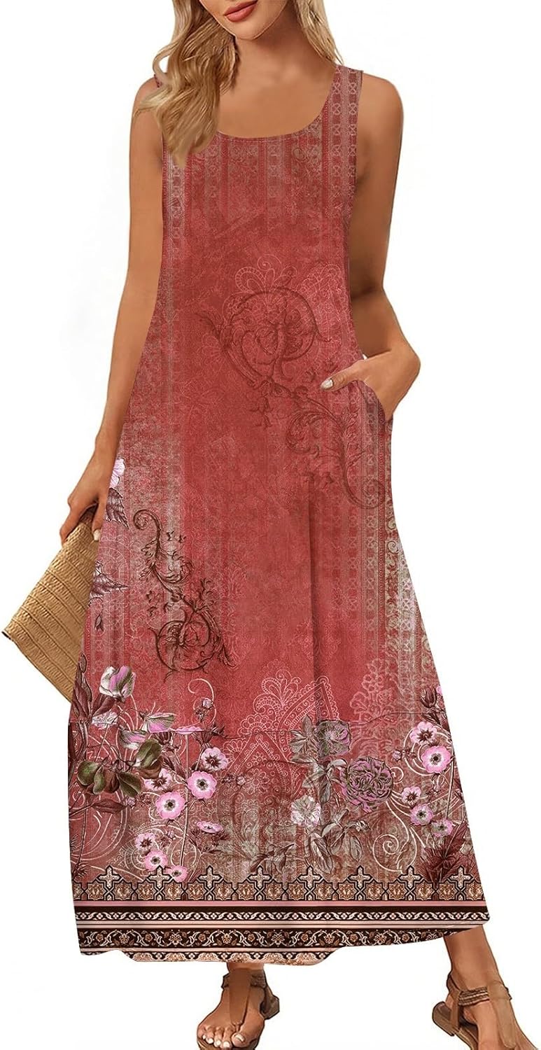 Womens Summer Tank Dress Vacation Boho Floral Long Dresses with Pockets Resort Wear Swing Beach Sleeveless Sundress