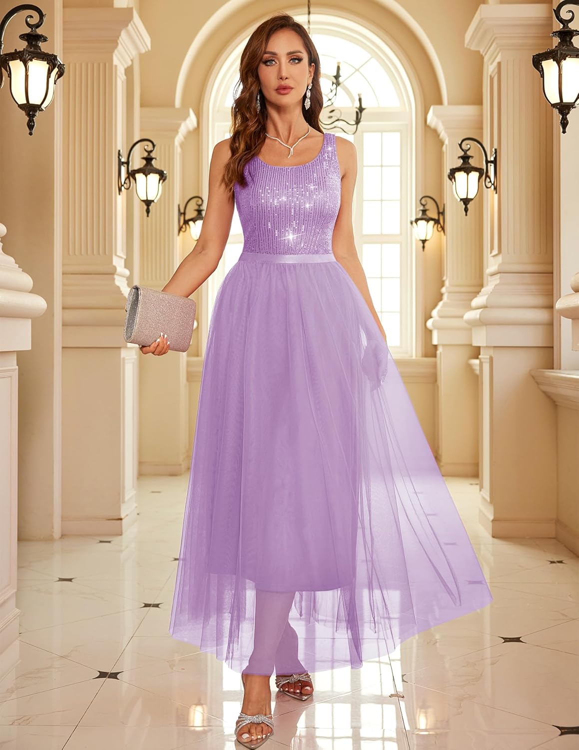 BeryLove Sequin Dress for Woman Vintage A Line Wedding Formal Swing Mesh Dress Sleeveless Cocktail Maxi Gowns