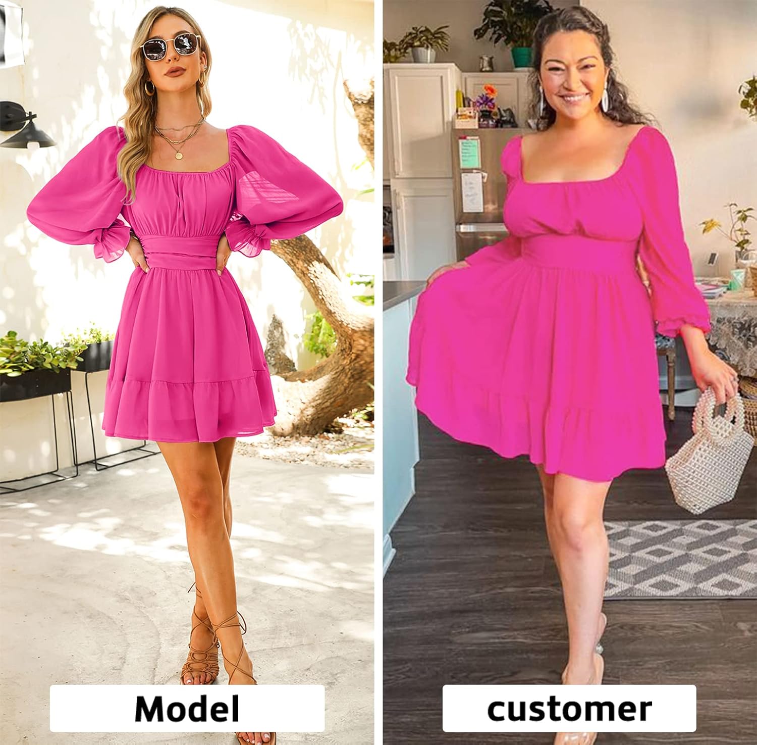 EXLURA Women's 2025 Casual Long Lantern Sleeve Dresses Square Neck Ruffle Tie Back Elastic Waist Aline Short Mini Dress