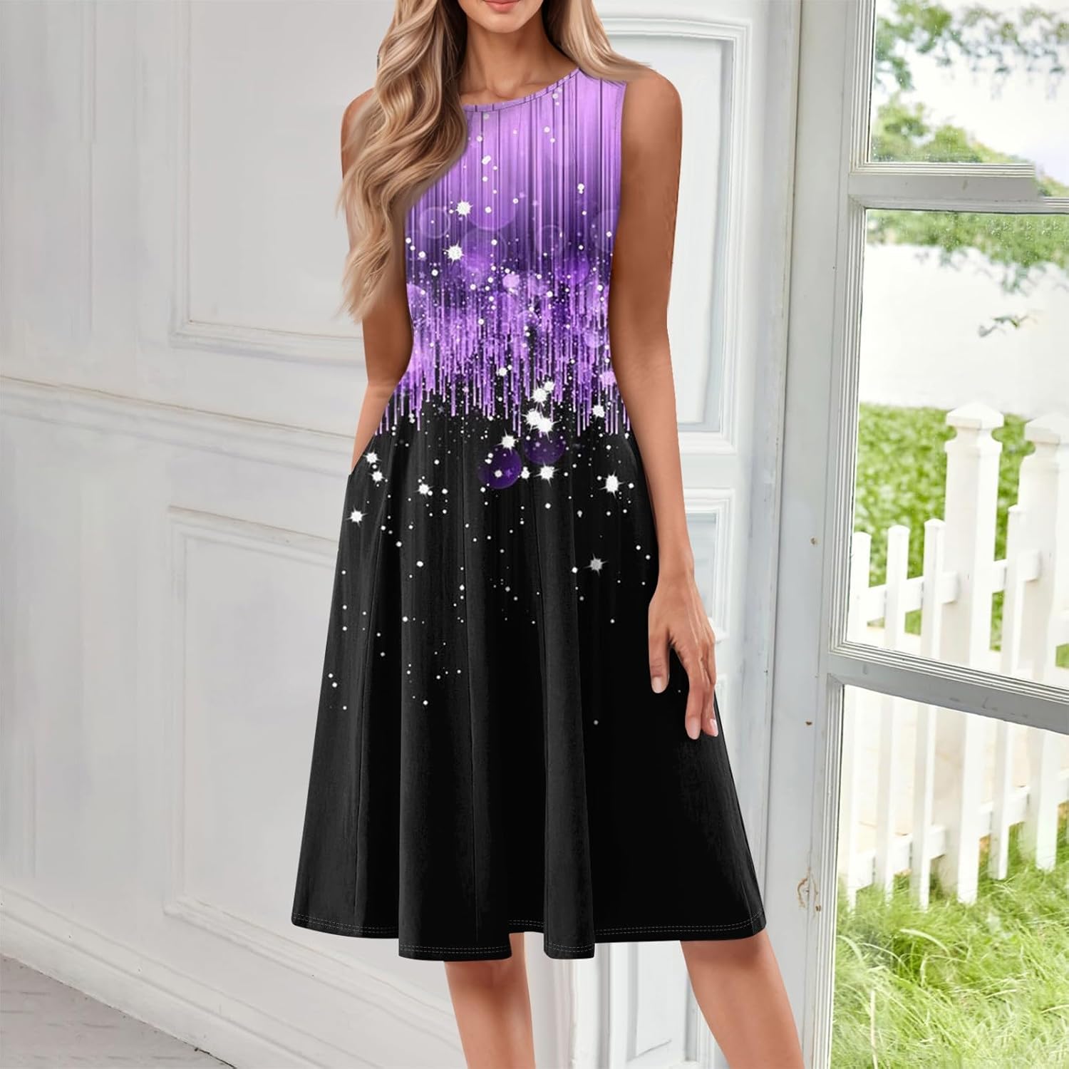 Womens Tank Sundress 2025 Casual Floral Print Tshirt Dress Swing Sleeveless Midi Dress Crewneck Pleated Summer Dresses