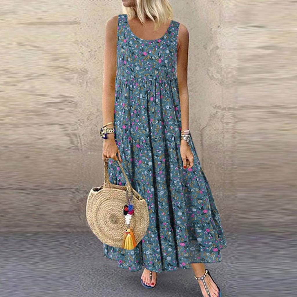 Ceboyel Women Boho Floral Maxi Dresses Flowy Tank Dress Sleeveless Smocked Sundresses Trendy Casual Beach Long Sun Dress
