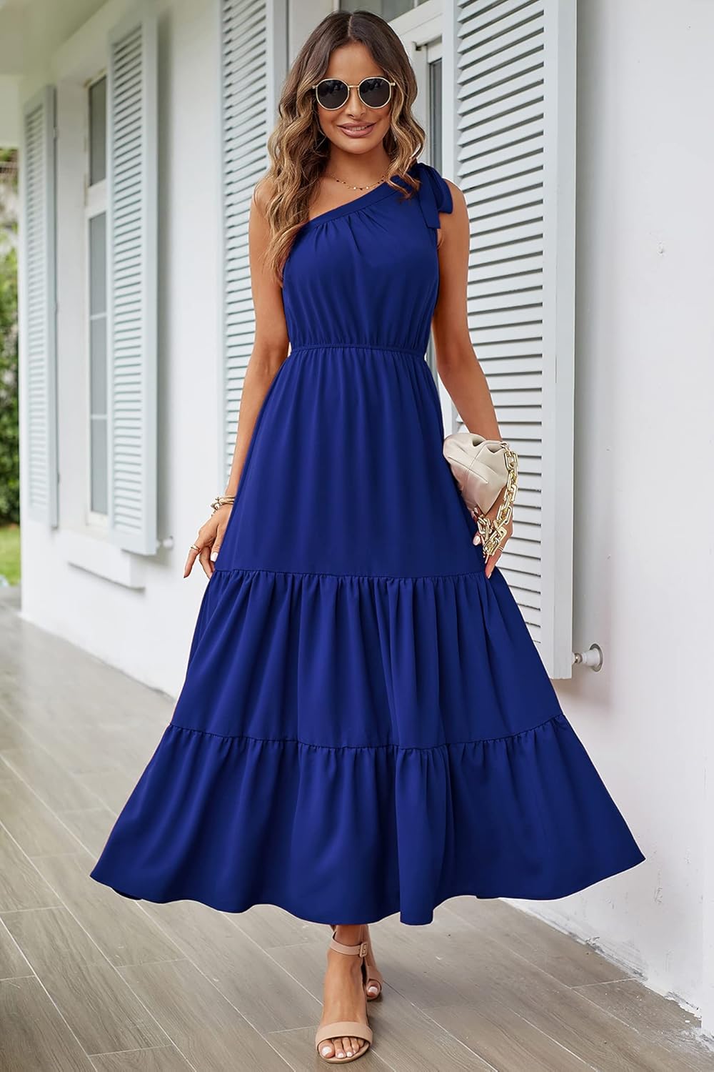 PRETTYGARDEN Women's Summer Floral Maxi Dress Knot One Shoulder Sleeveless Ruffle Flowy Boho Beach Wedding Guest Dresses