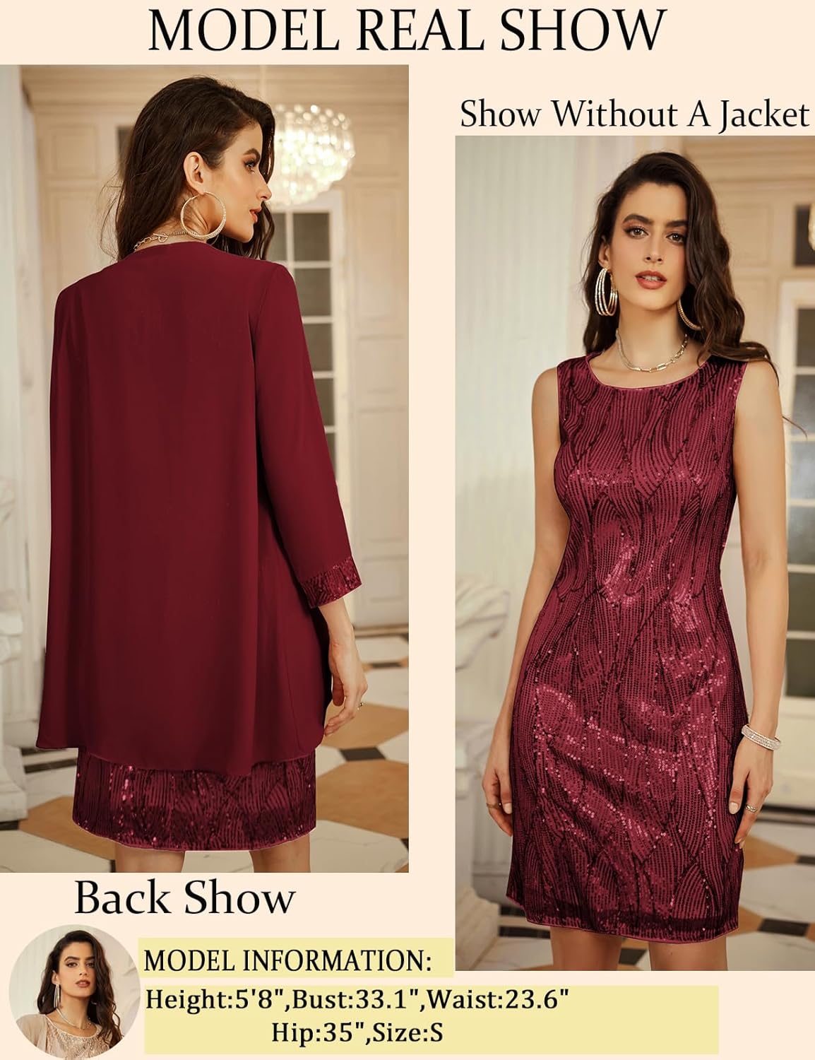 GRACE KARIN Sequin Dress for Women Knee Length Mother of the Bride Dresses Formal Dress Two Piece Dress with Chiffon Jacket