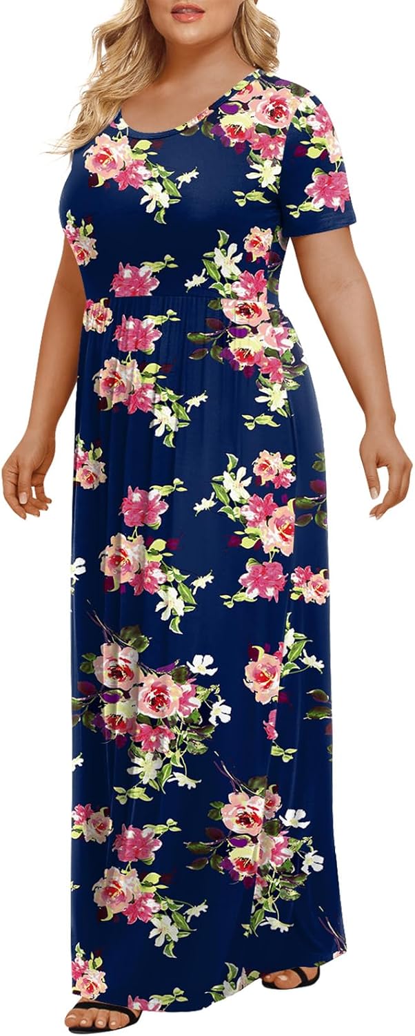 LONGYUAN Women's Plus Size Maxi Dresses for Curvy Women Summer Short Sleeve Casual 2025 Long Dress XL-6XL