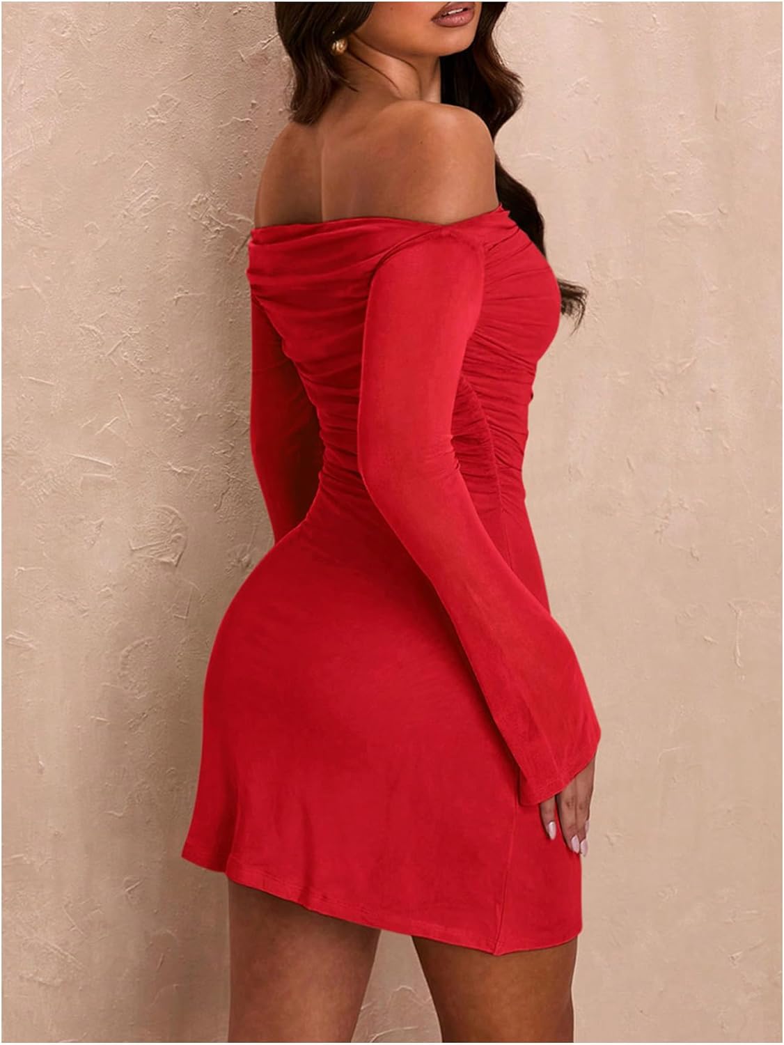 SOLY HUX Women's Ruched Off The Shoulder Bodycon Mini Dress Long Sleeve Party Dresses