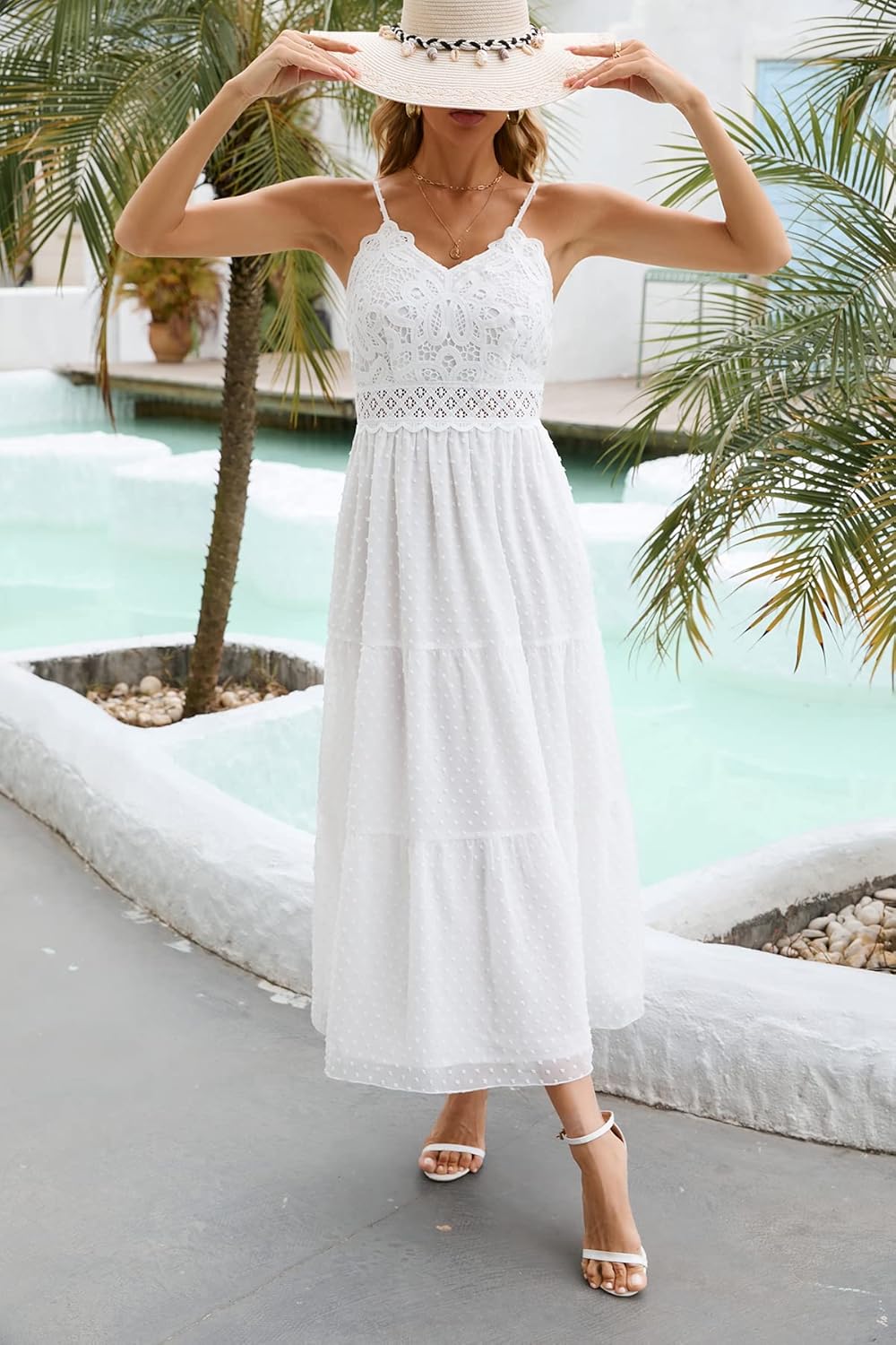 Dokuritu Women's Beach Crochet Lace Maxi Dress Solid Color Summer Vacation Spaghetti Strap Long Dress 2024