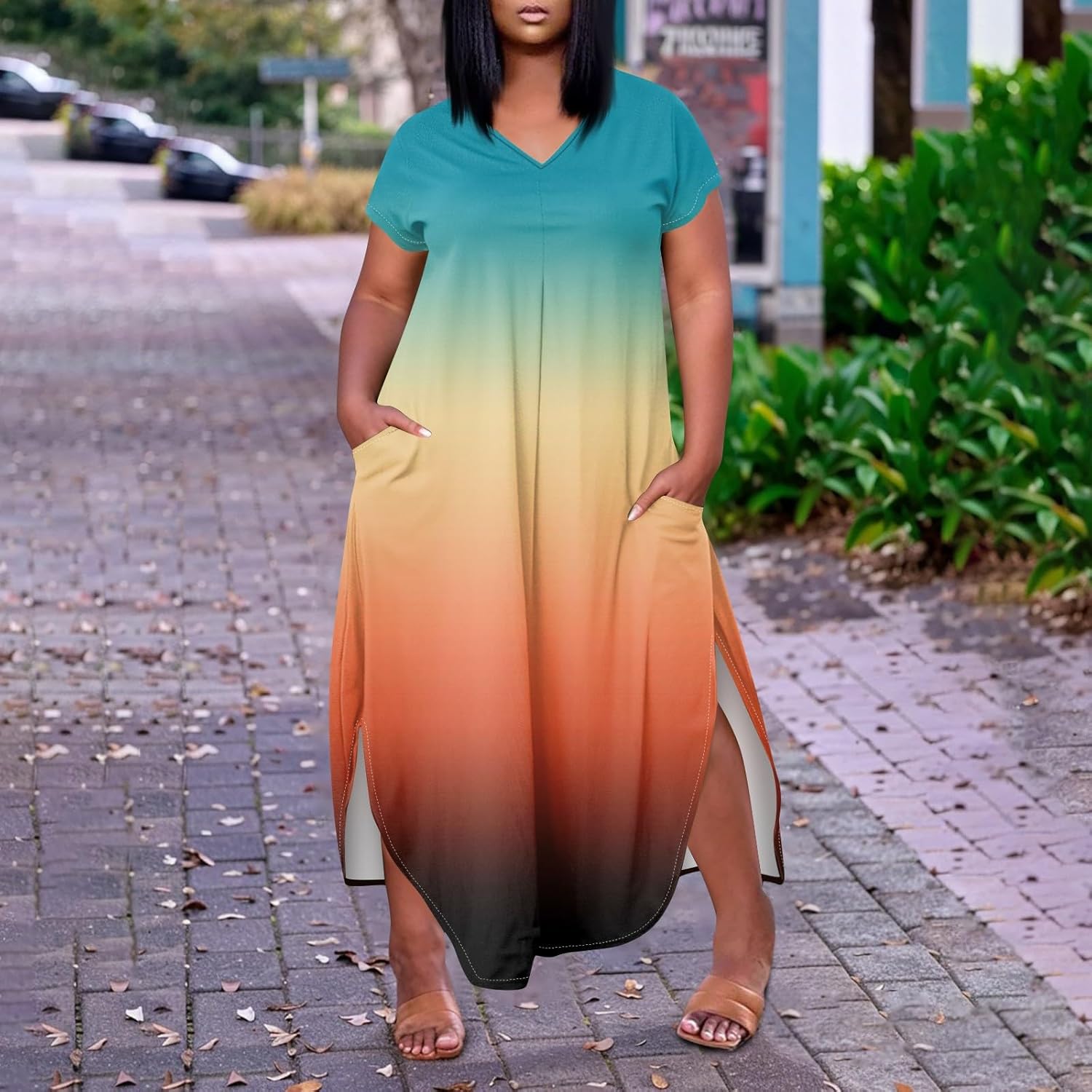 Maxi Dresses for Women 2025 Plus Size Tie Dye V Neck Dress Short Sleeve Side Split Beach Summer Sundress with Pocket