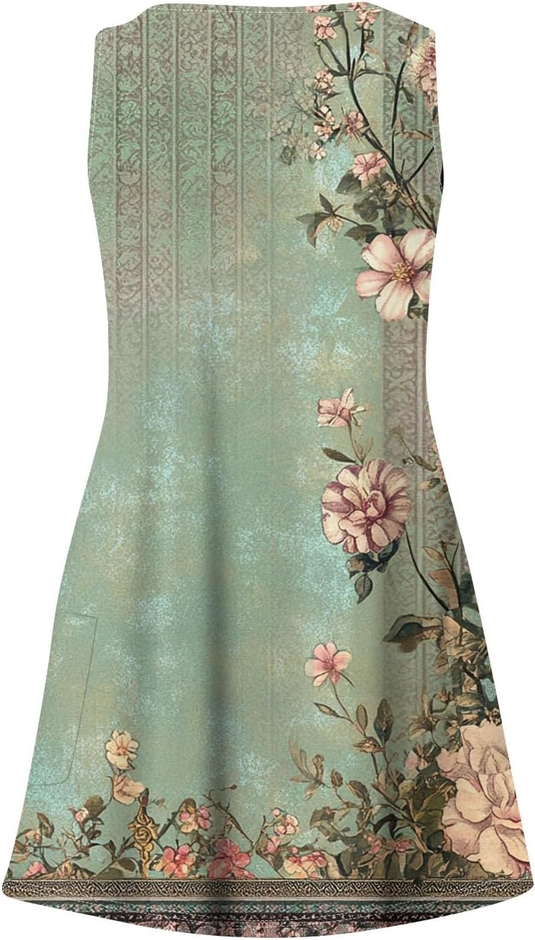 Women's Sleeveless Floral Print Summer Dress Casual V-Neck A-Line Mini Dress for Beach Party and Daily Wear
