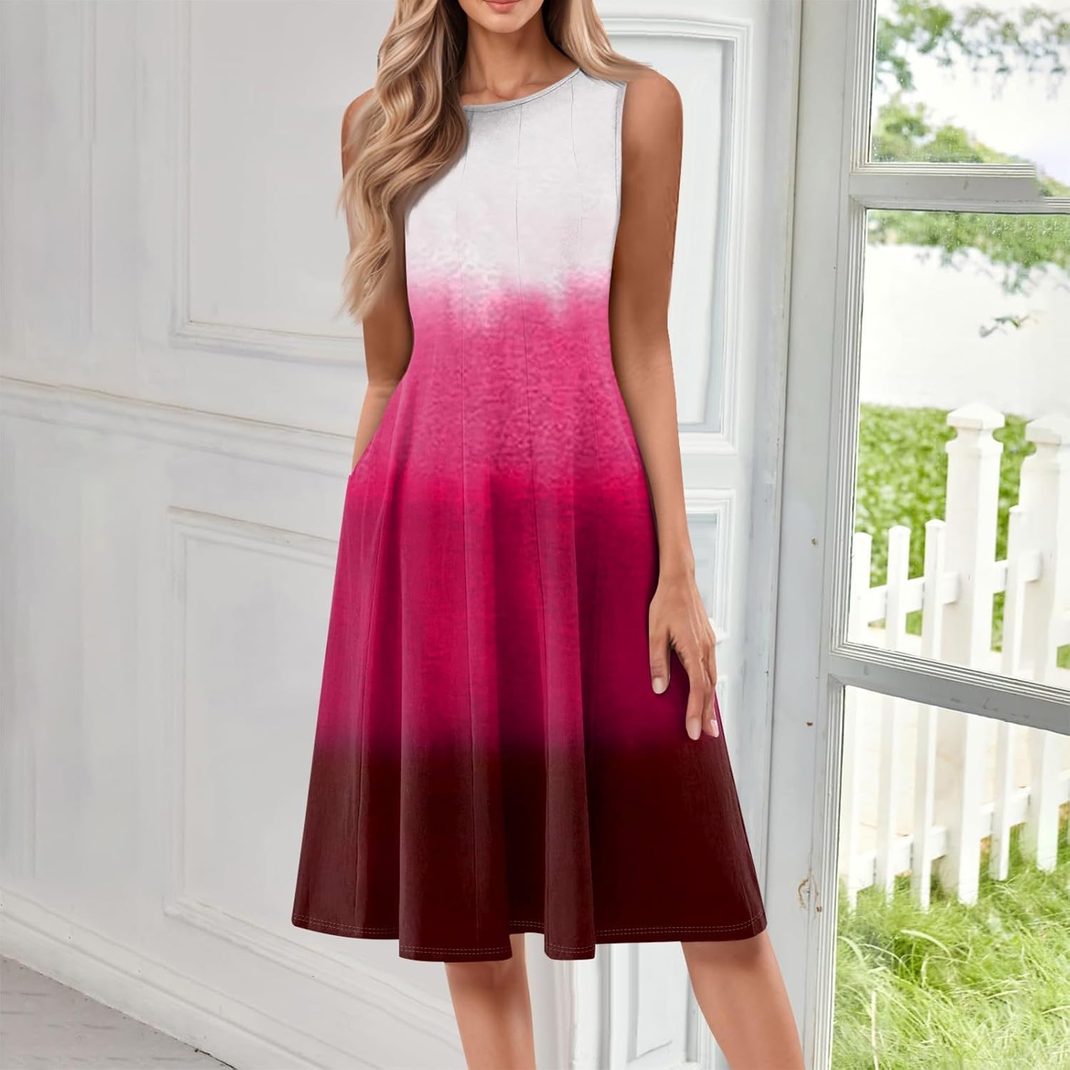 Womens Tank Sundress 2025 Casual Floral Print Tshirt Dress Swing Sleeveless Midi Dress Crewneck Pleated Summer Dresses