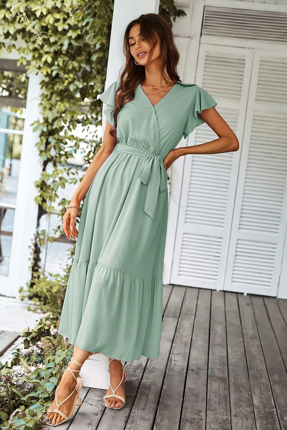 PRETTYGARDEN Women's Summer Floral Boho Dress Wrap V Neck Short Sleeve Ruffle A-Line Flowy Maxi Wedding Guest Dresses