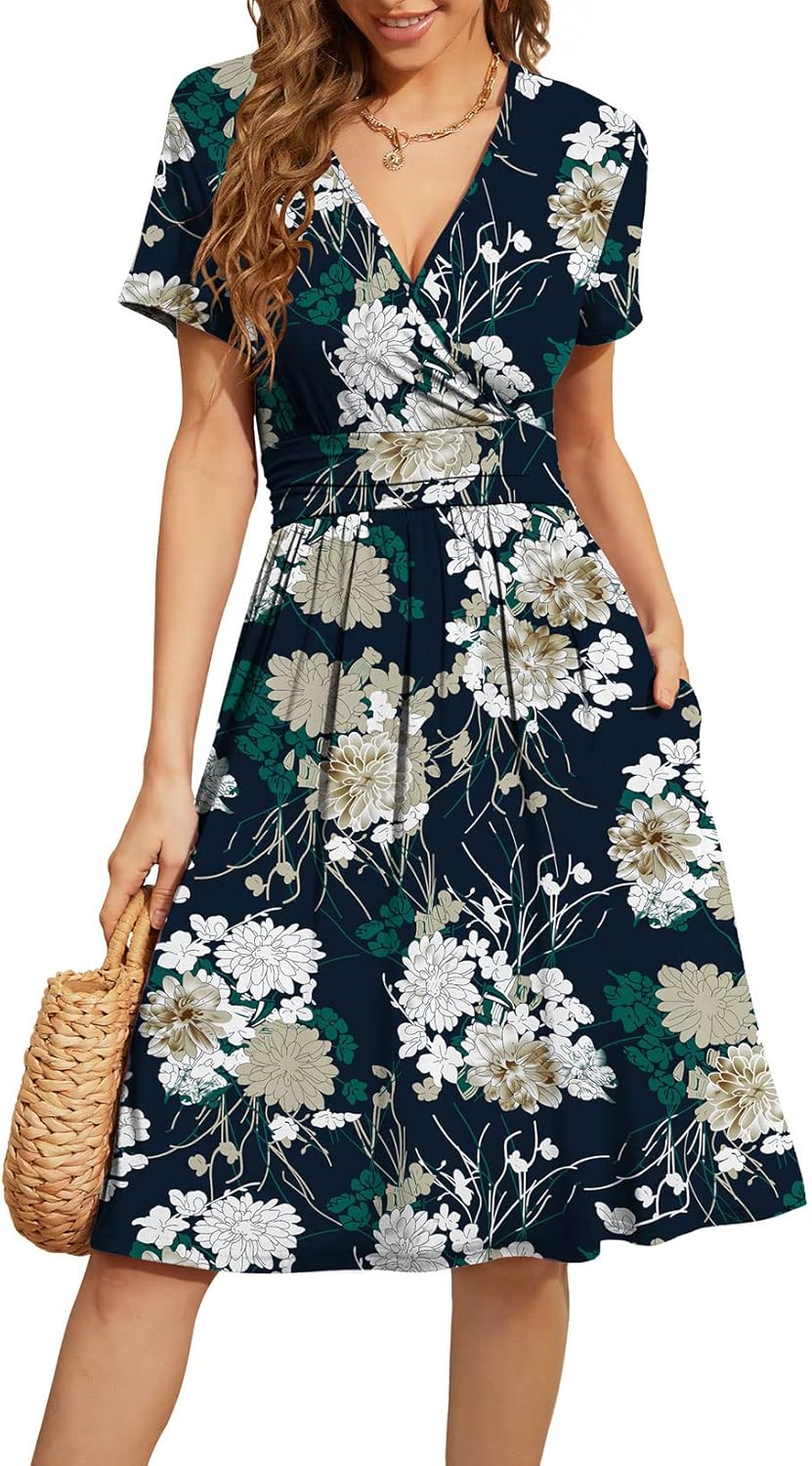 WEACZZY Women's Summer Short Sleeve Casual Dresses V-Neck Floral Party Dress with Pockets