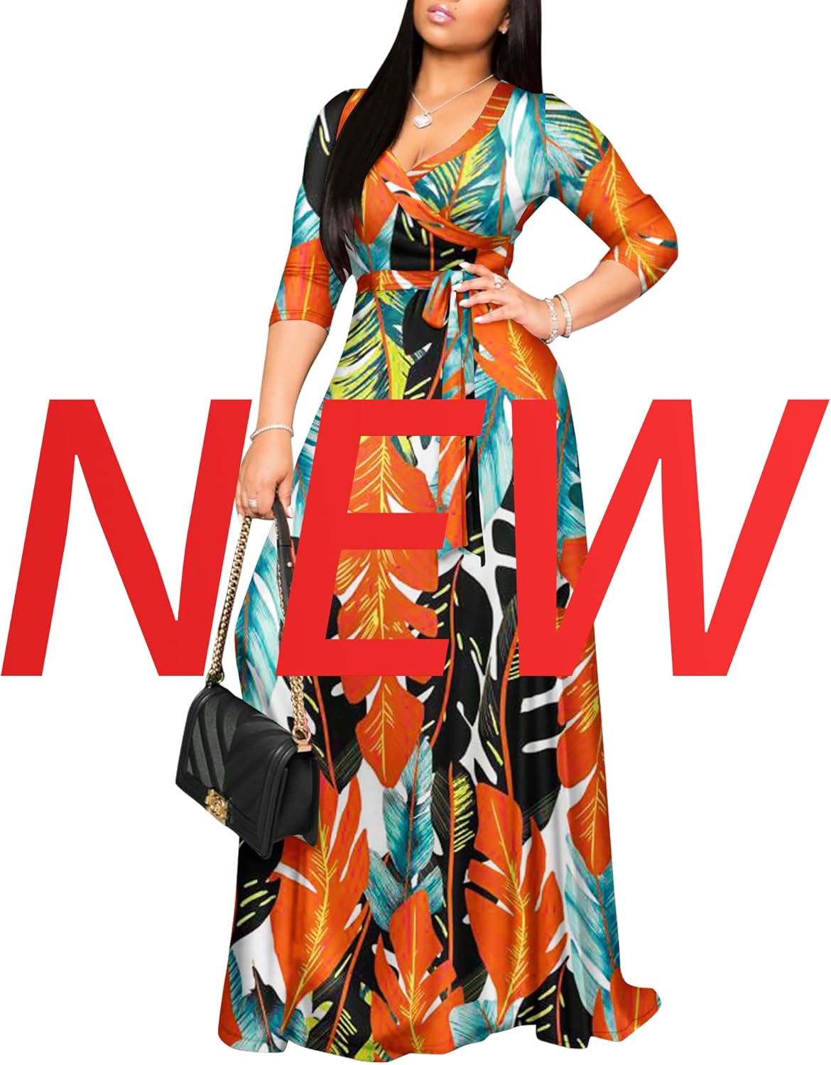 FANDEE Plus Size Maxi Dress for Women Casual Summer Sundress V-Neck 3/4 Sleeve