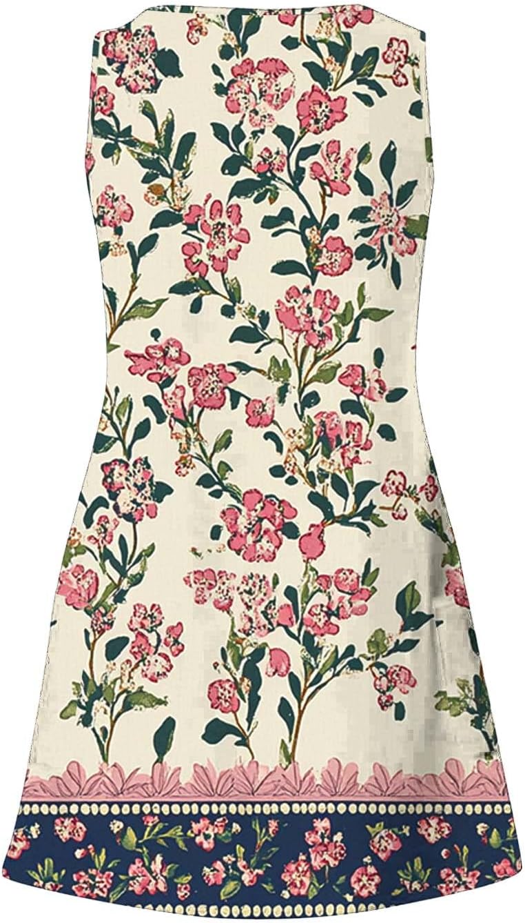 Womens 2025 Spring Summer Dresses Casual Floral Print V-Neck Tank Dress Curve Hem Pleated A-Line Sundresses