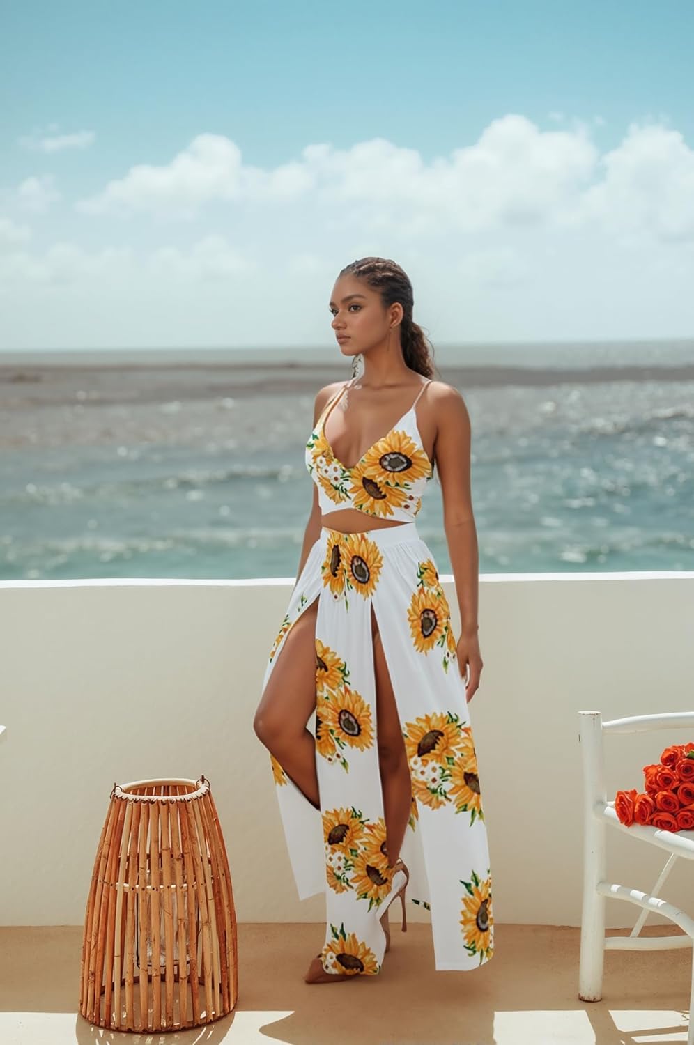Women Sexy 2 Piece Outfits Dress Chiffon Strap Deep V Neck Bra Crop Top High Split Maxi Dresses Skirt Set